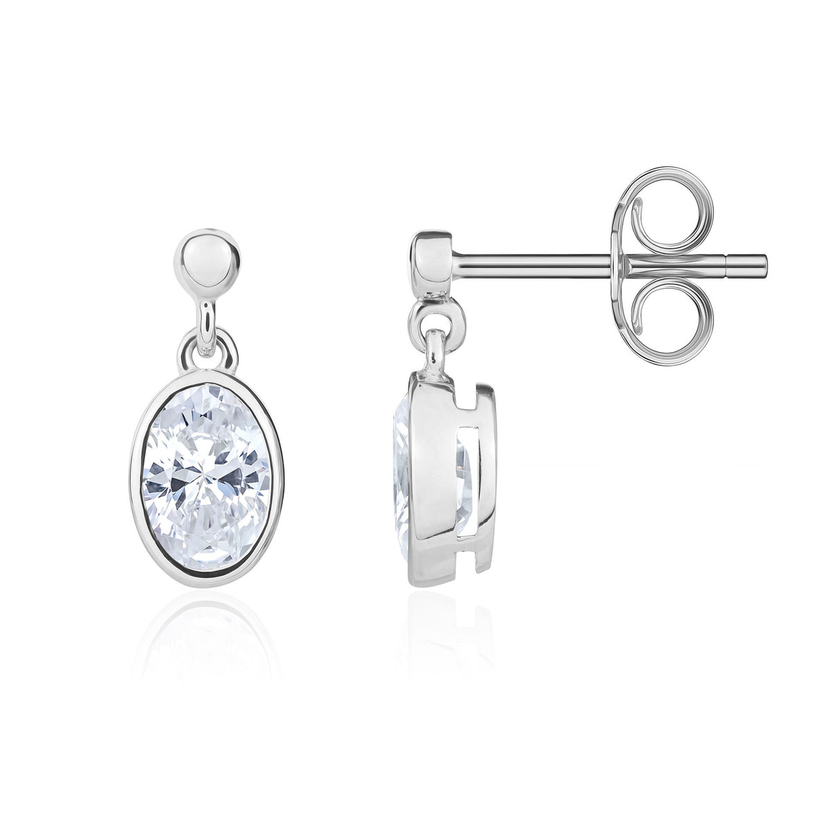 9ct White Gold 6x4 Oval CZ Rubover Drop Earrings with 2.5mm Bead Top