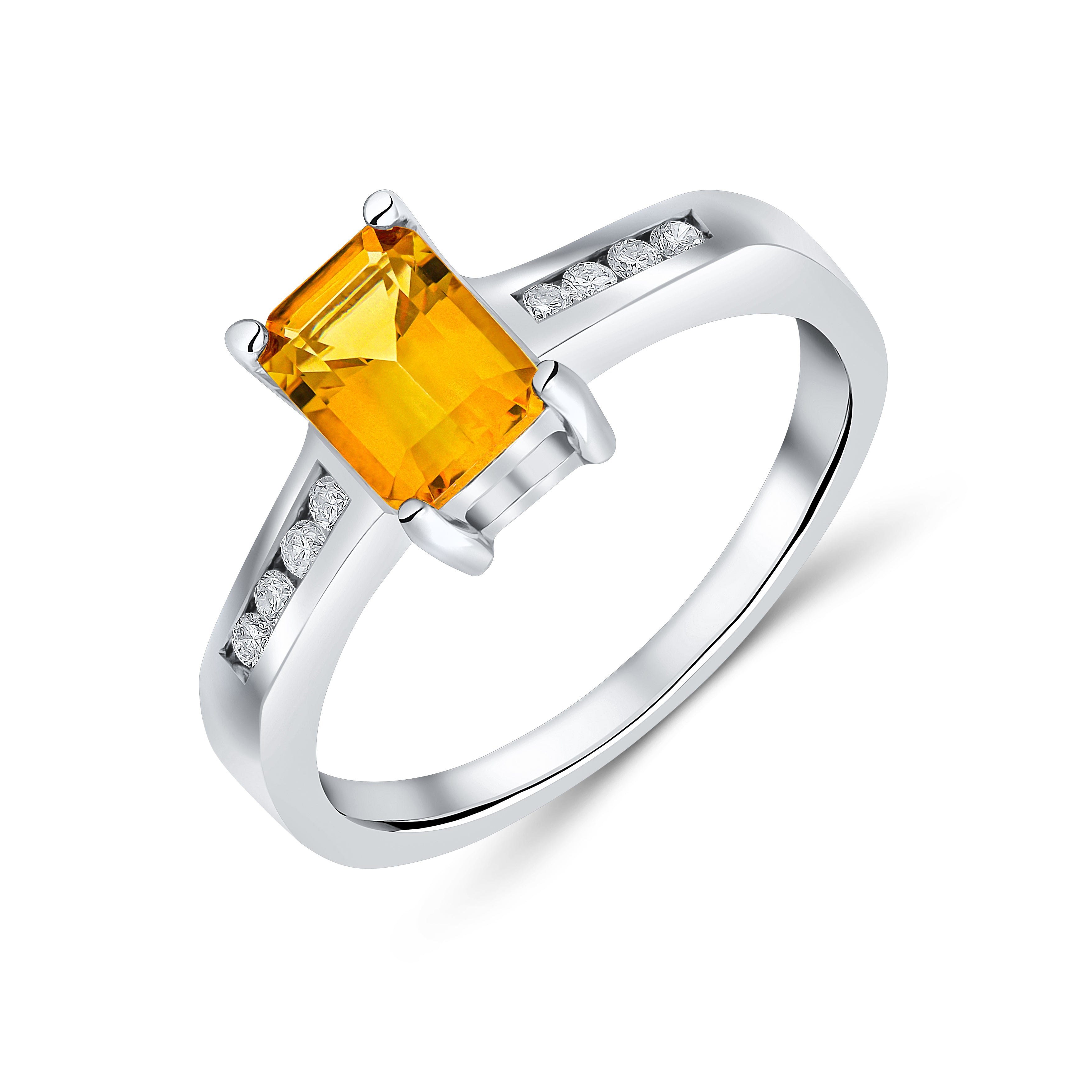 9CT WG 7X5 OCTAGON CITRINE CLAW SET SINGLE STONE RING WITH CHANNEL SET DIAMOND SHOULDERS 1