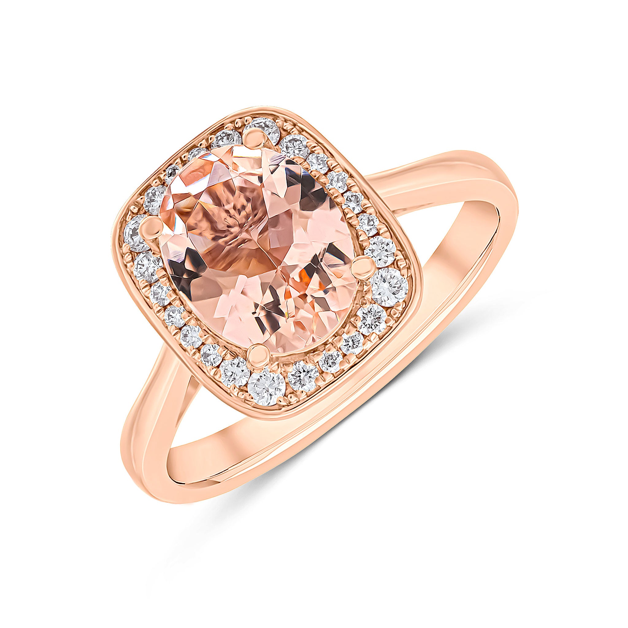 18ct Rose Gold 9x7 Oval Morganite & Diamond Cushion Cluster Ring