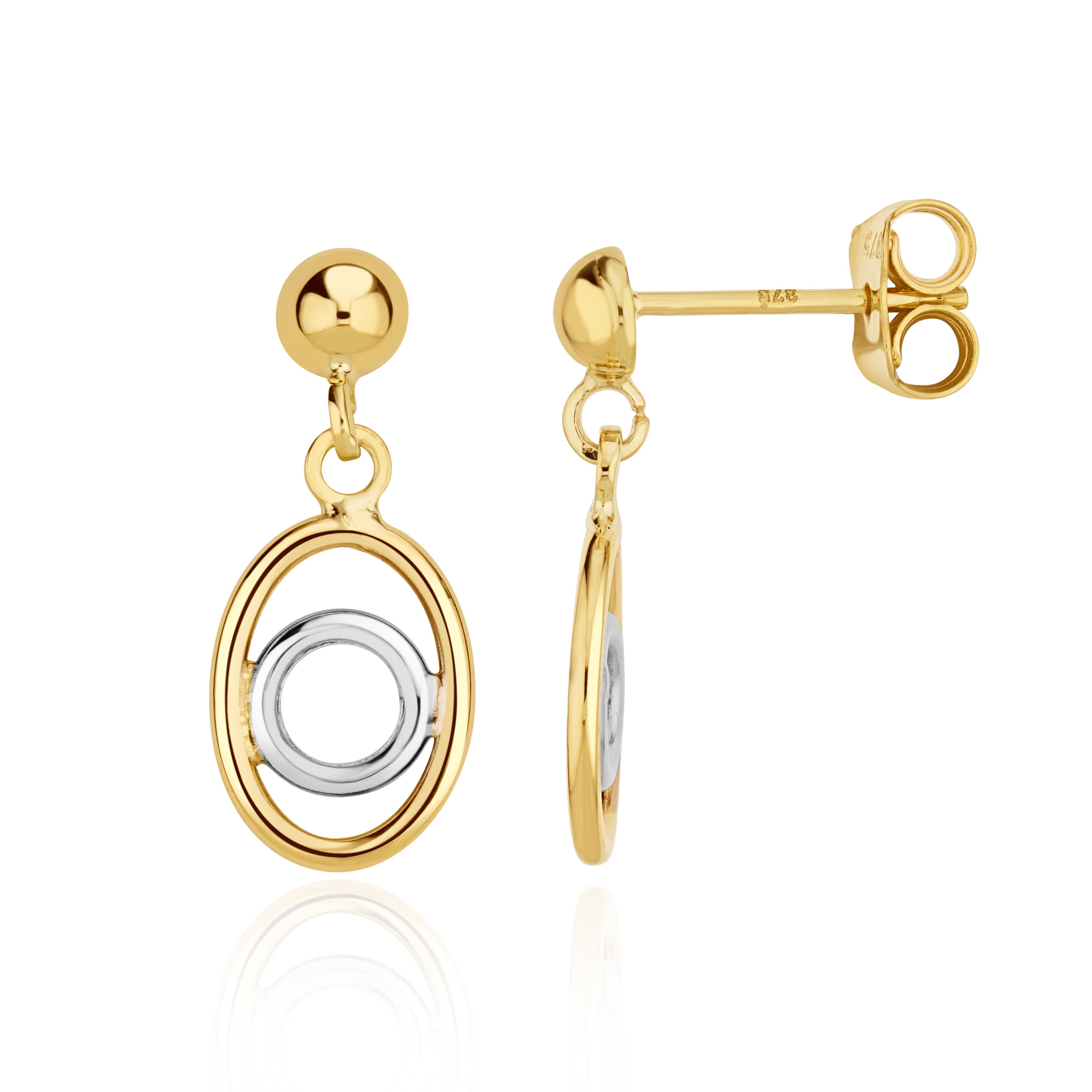 9ct Two Tone White Yellow Gold Oval Round Drop Earrings