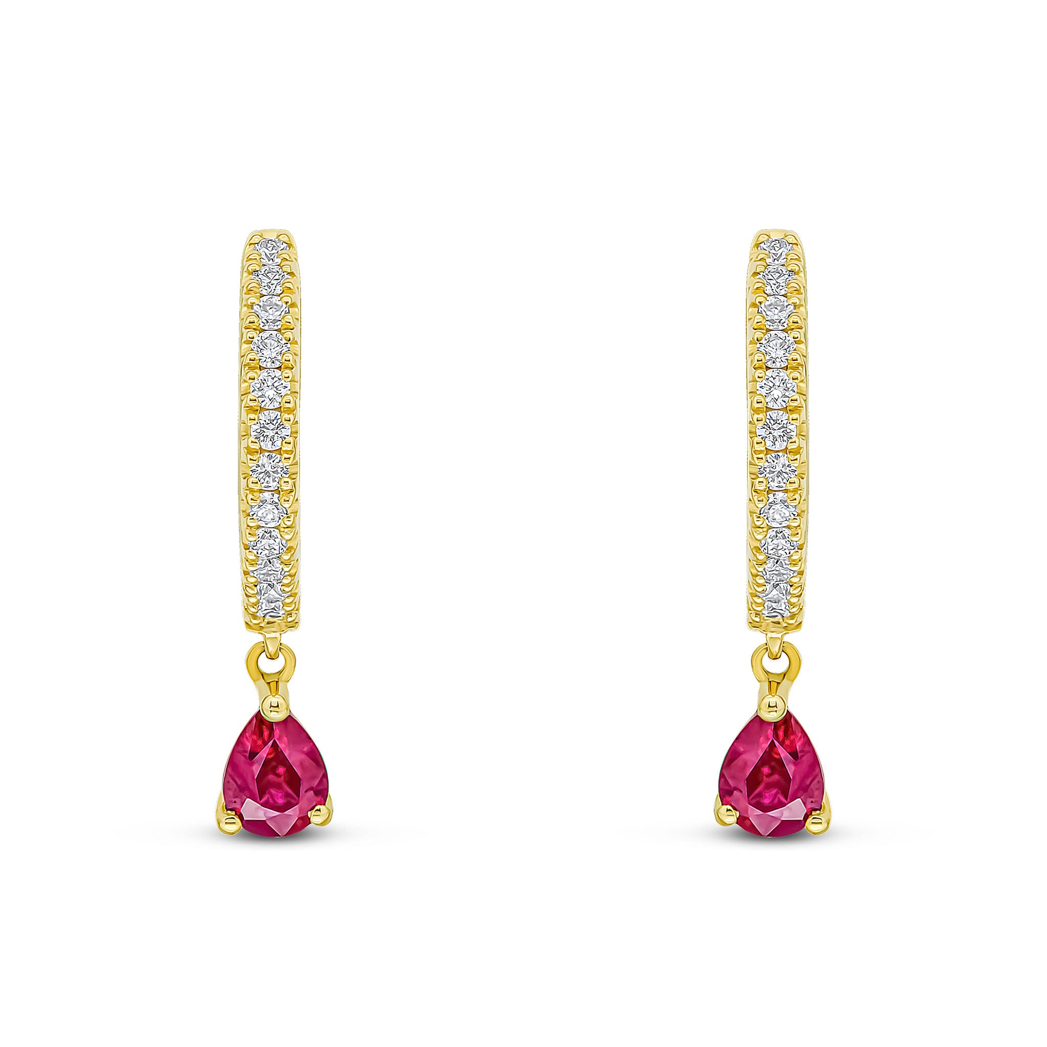 18ct Yellow Gold Claw Set Diamond Hoop Earrings with Pear Shape Ruby Drop