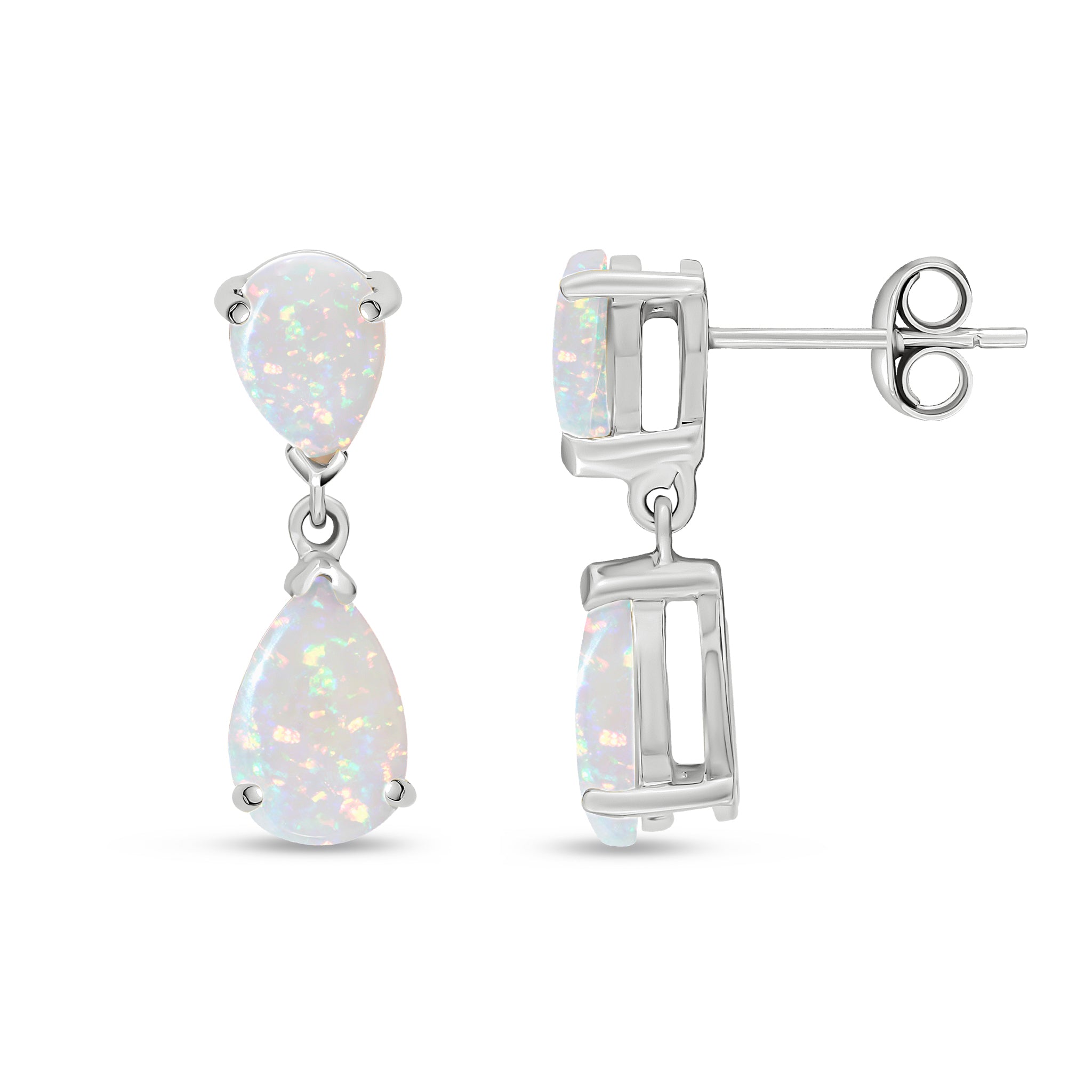 9ct White Gold Pear Shape Opal 2 Stone Claw Set Drop Earrings