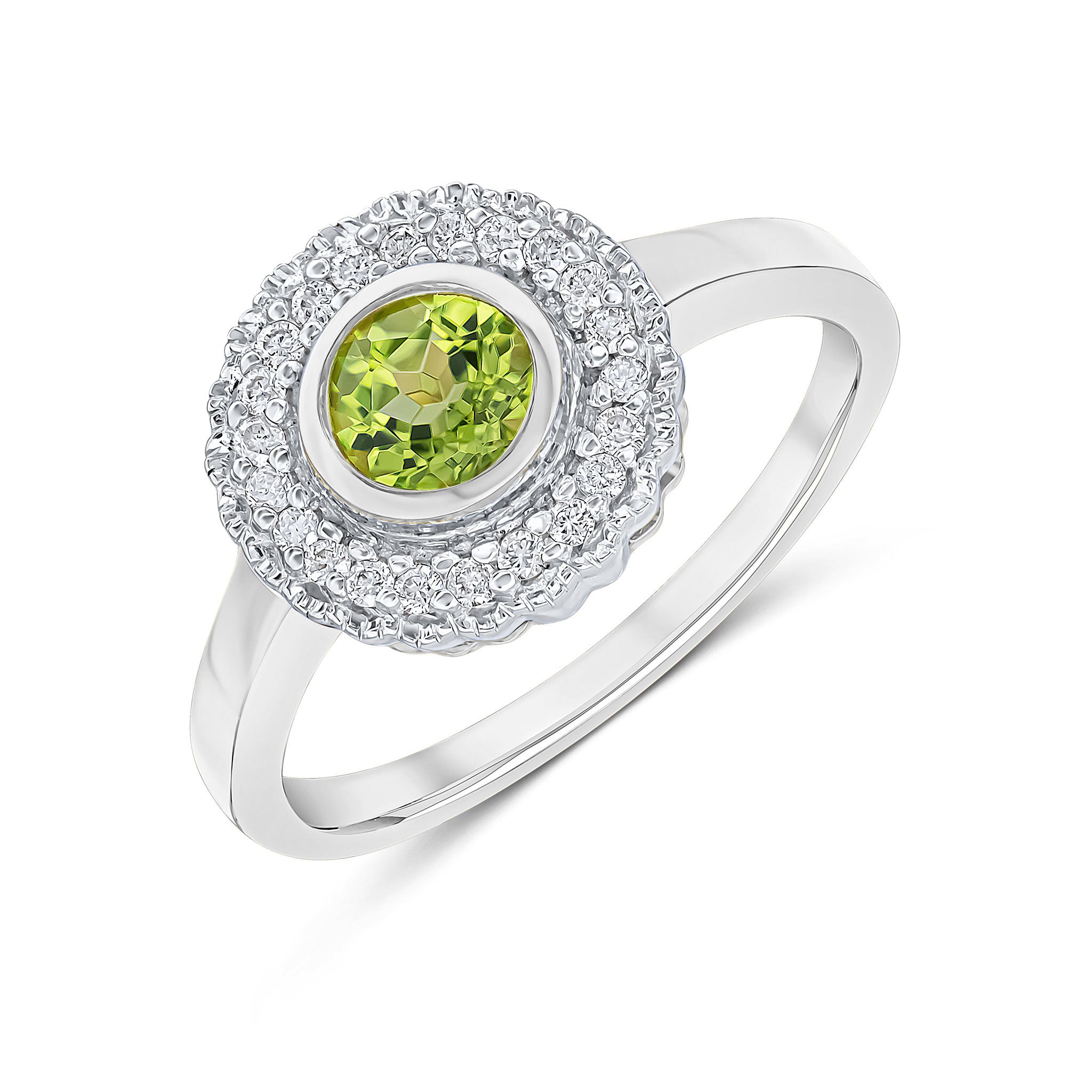 9ct White Gold Round Rubover Peridot and Milgrain Round Diamond Cluster Ring