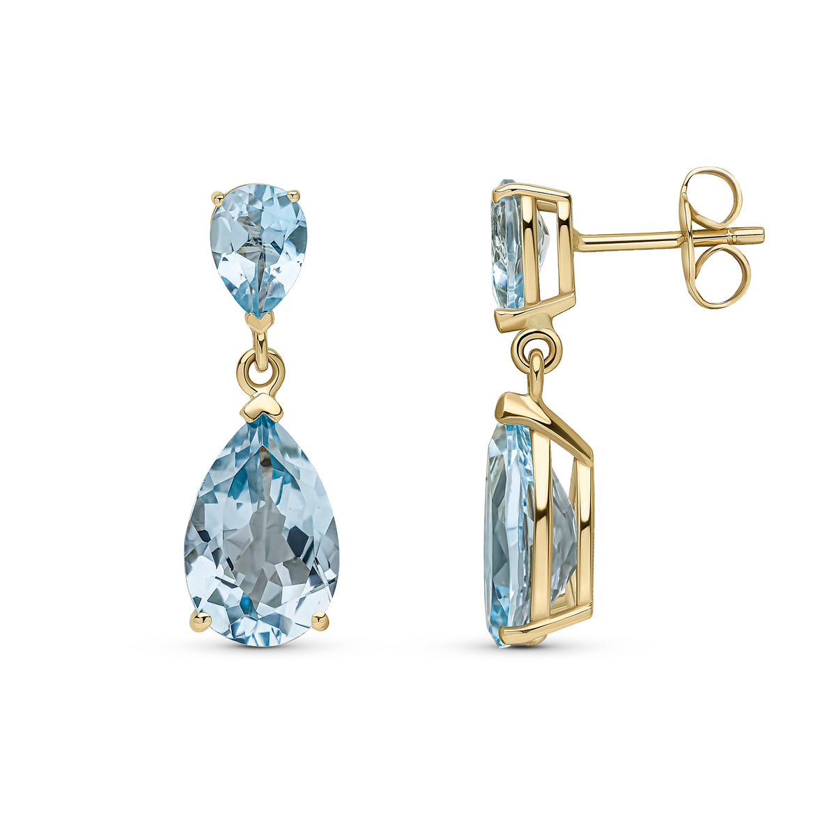 9ct Yellow Gold Pear Shape Swiss Blue Topaz Claw Set 2 Stone Drop Earrings