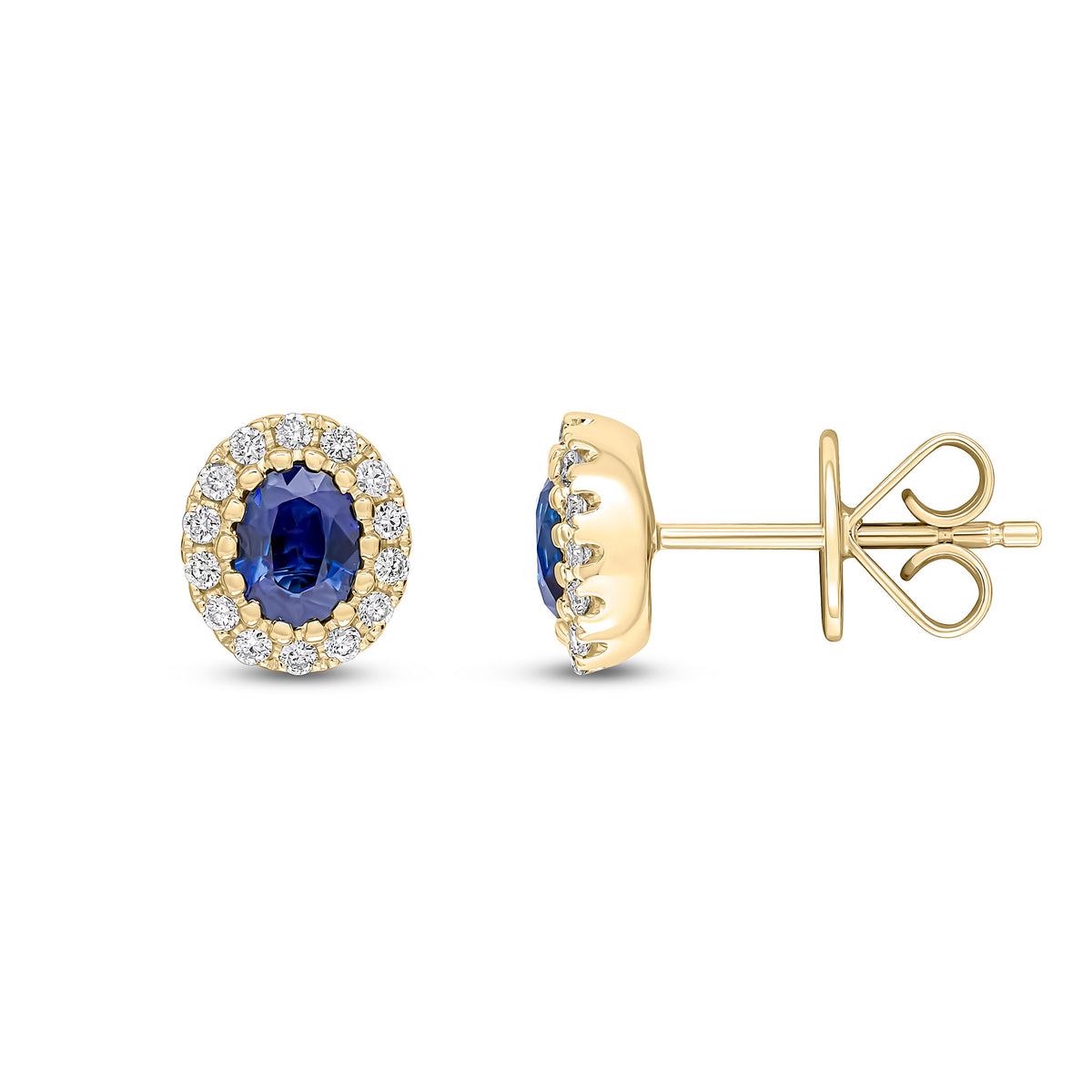 18ct Yellow Gold 5x4 Oval Sapphire & Diamond Claw Set Cluster Earrings