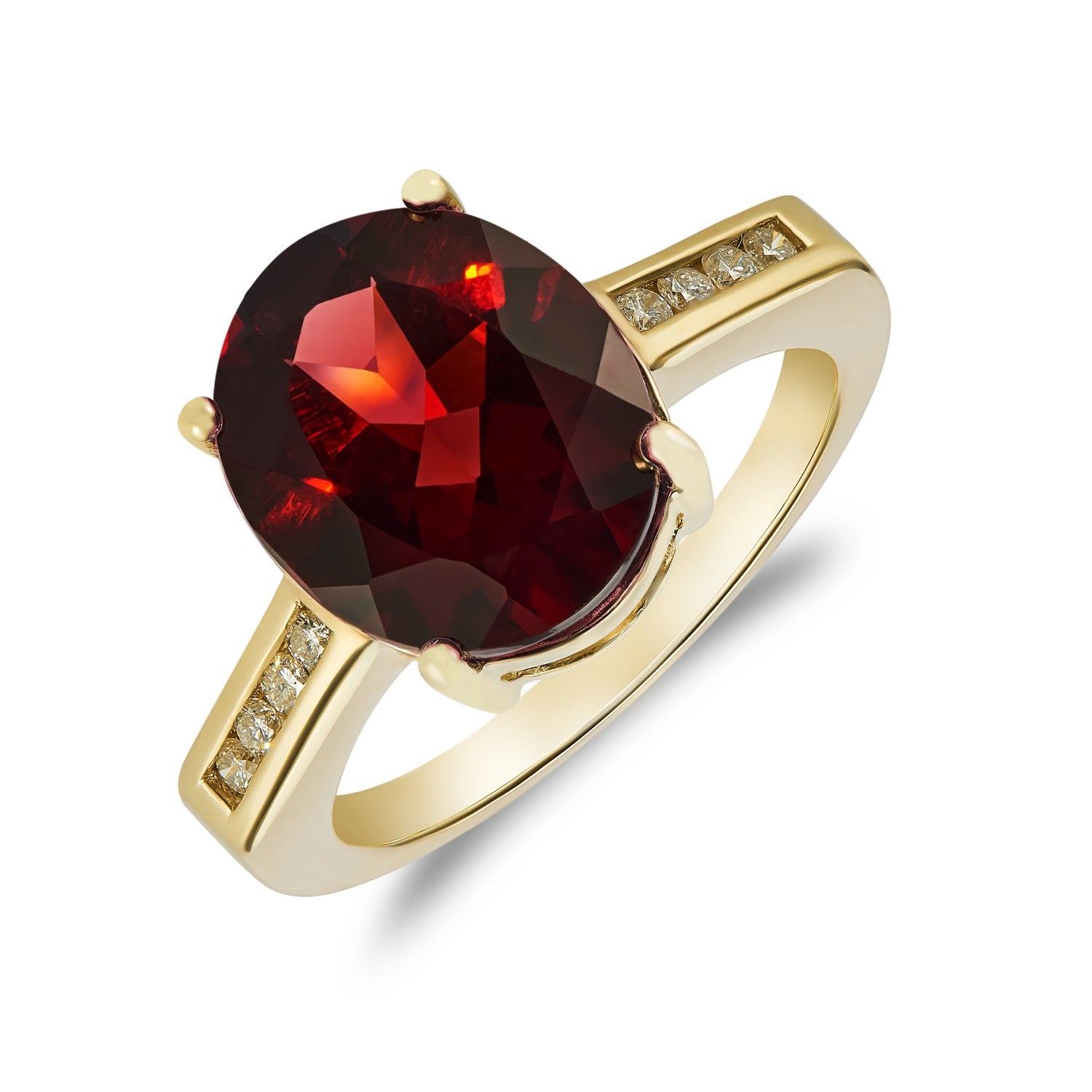 9ct Yellow Gold 12x10mm Claw Set Oval Garnet Single Stone Ring with Channel Set Diamond Shoulders