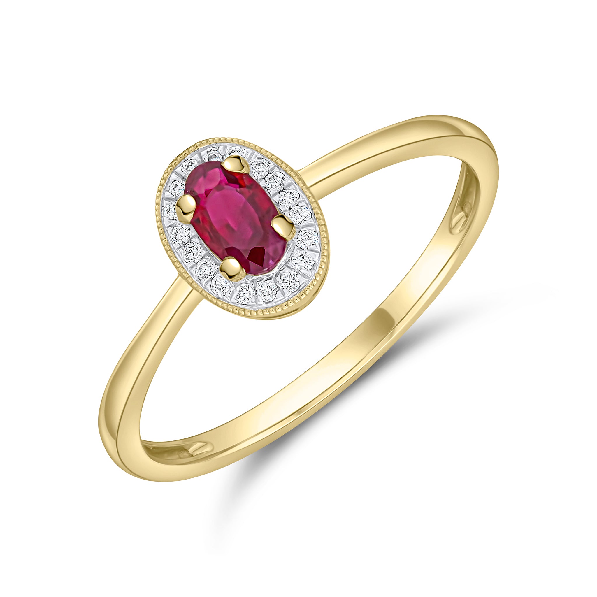 18ct Yellow Gold Oval Ruby and Diamond Claw Milgrain Cluster Ring