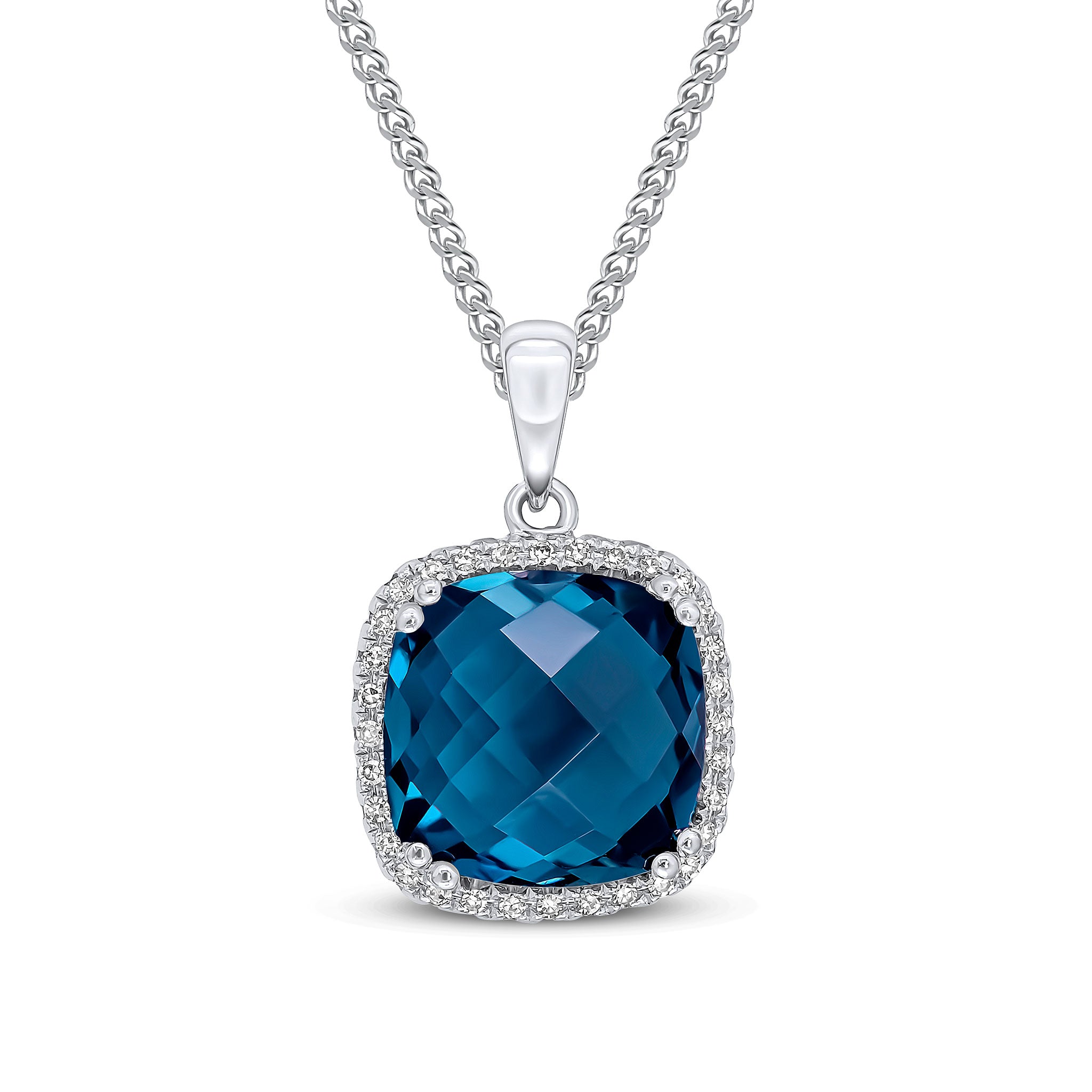 9ct White Gold 10mm Checkeboard Cut Cushion London Blue Topaz & Diamond Claw Set Cluster Pendant