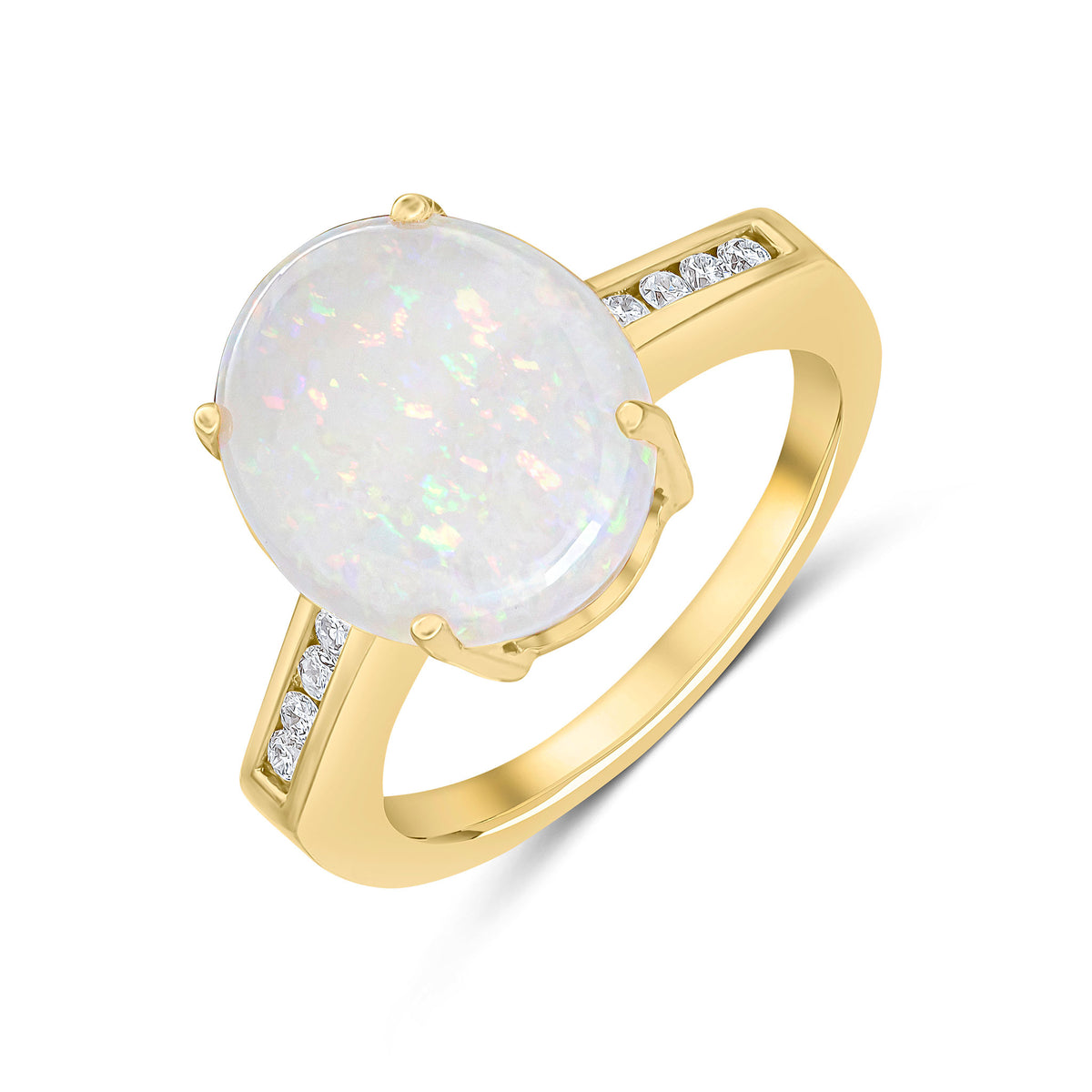 9ct Yellow Gold 12x10mm Claw Set Oval Opal Single Stone Ring with Channel Set Diamond Shoulders