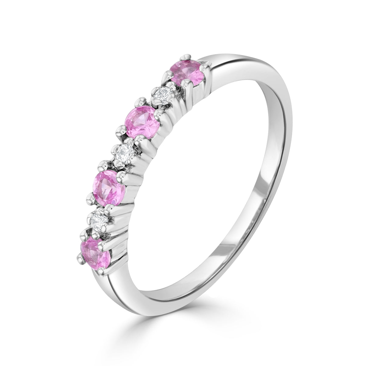 9ct White Gold Round Pink Sapphire & Diamond 7 Stone Claw Set Ring