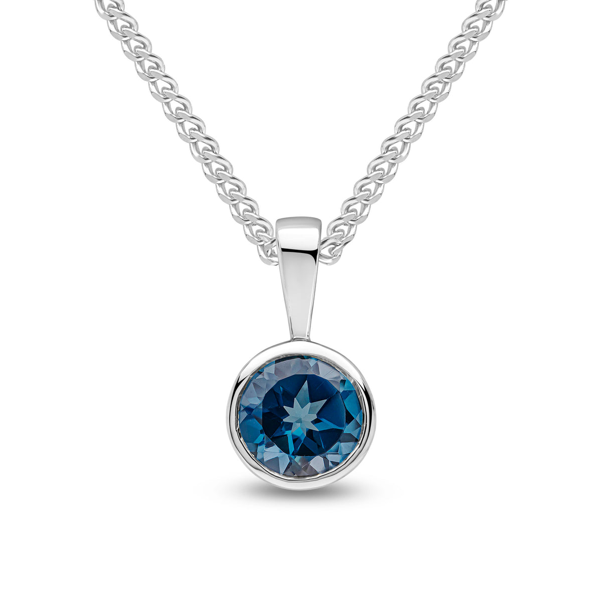9ct White Gold 6mm Round London Blue Topaz Rubover Pendant