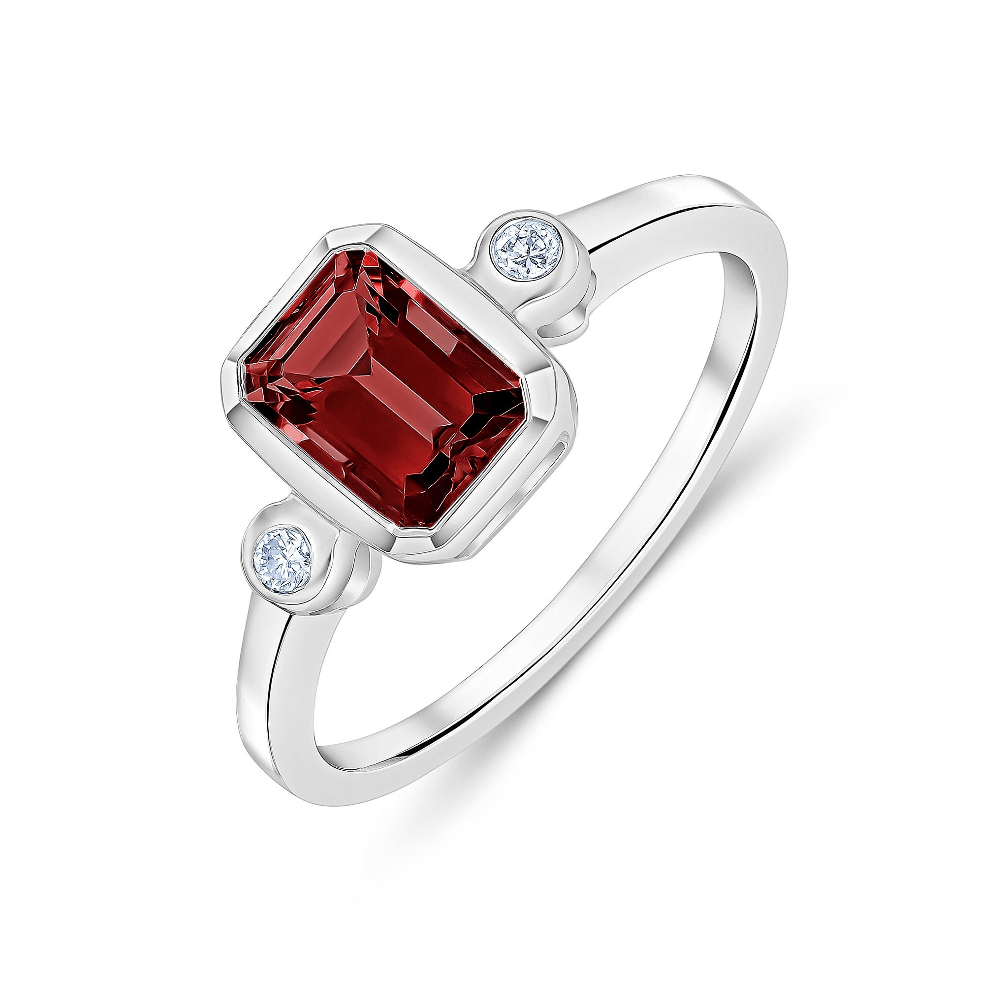 9ct White Gold 7x5 Octagon Garnet and Round Diamond 3 Stone Rubover Ring