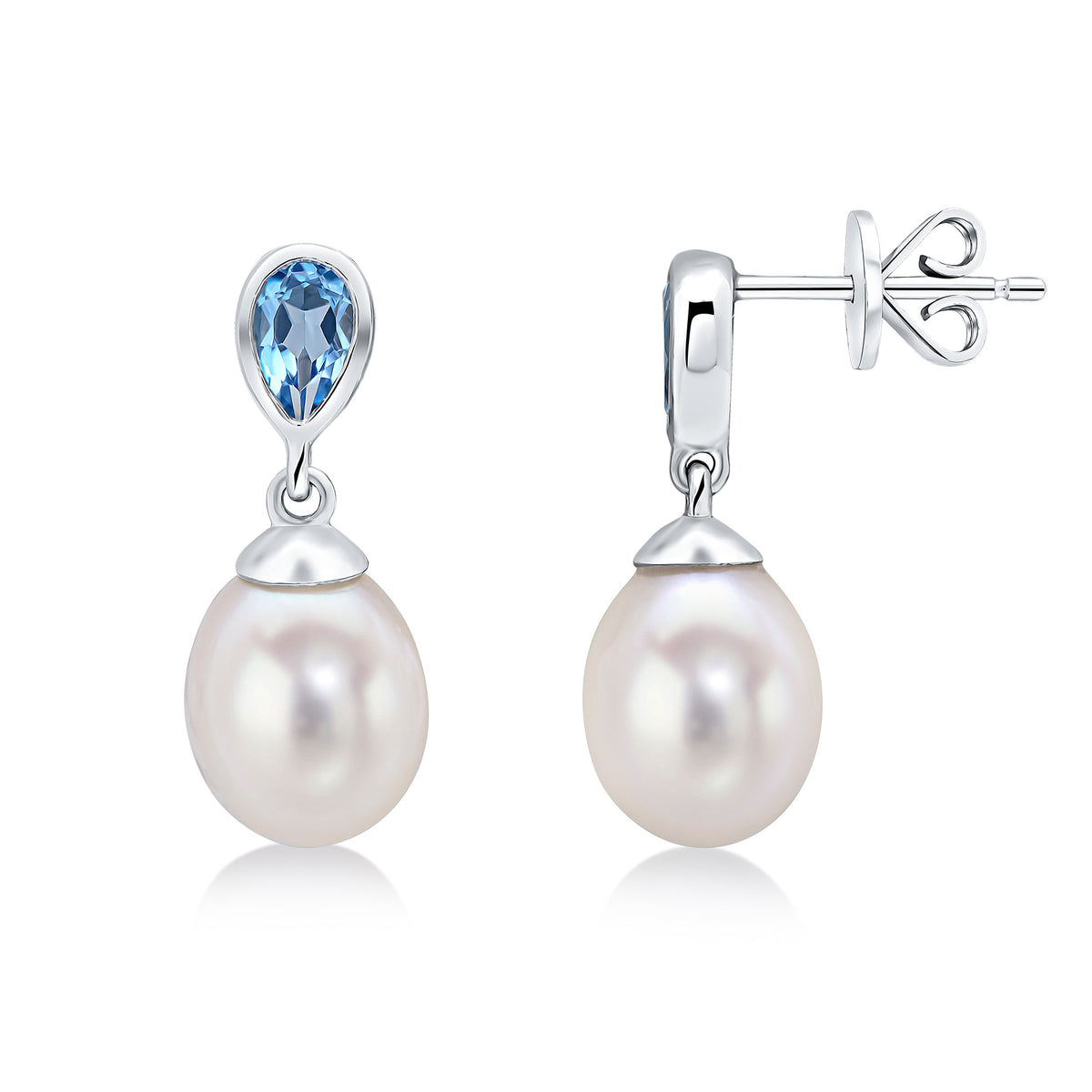 9ct White Gold Pearl & Single Pear Shape Swiss Blue Topaz Drop Earrings