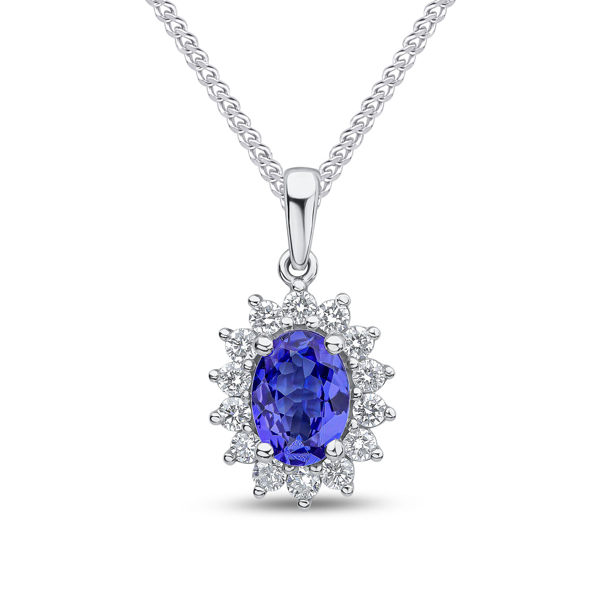 18ct White Gold 7x5 Oval Tanzanite and Round Diamond Claw Set Cluster Pendant