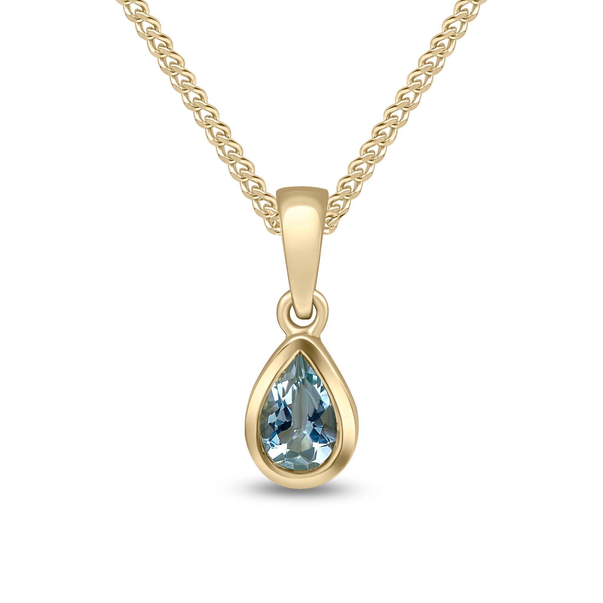 9ct Yellow Gold 6x4 Pear Shape Aquamarine Rubover Single Stone Pendant