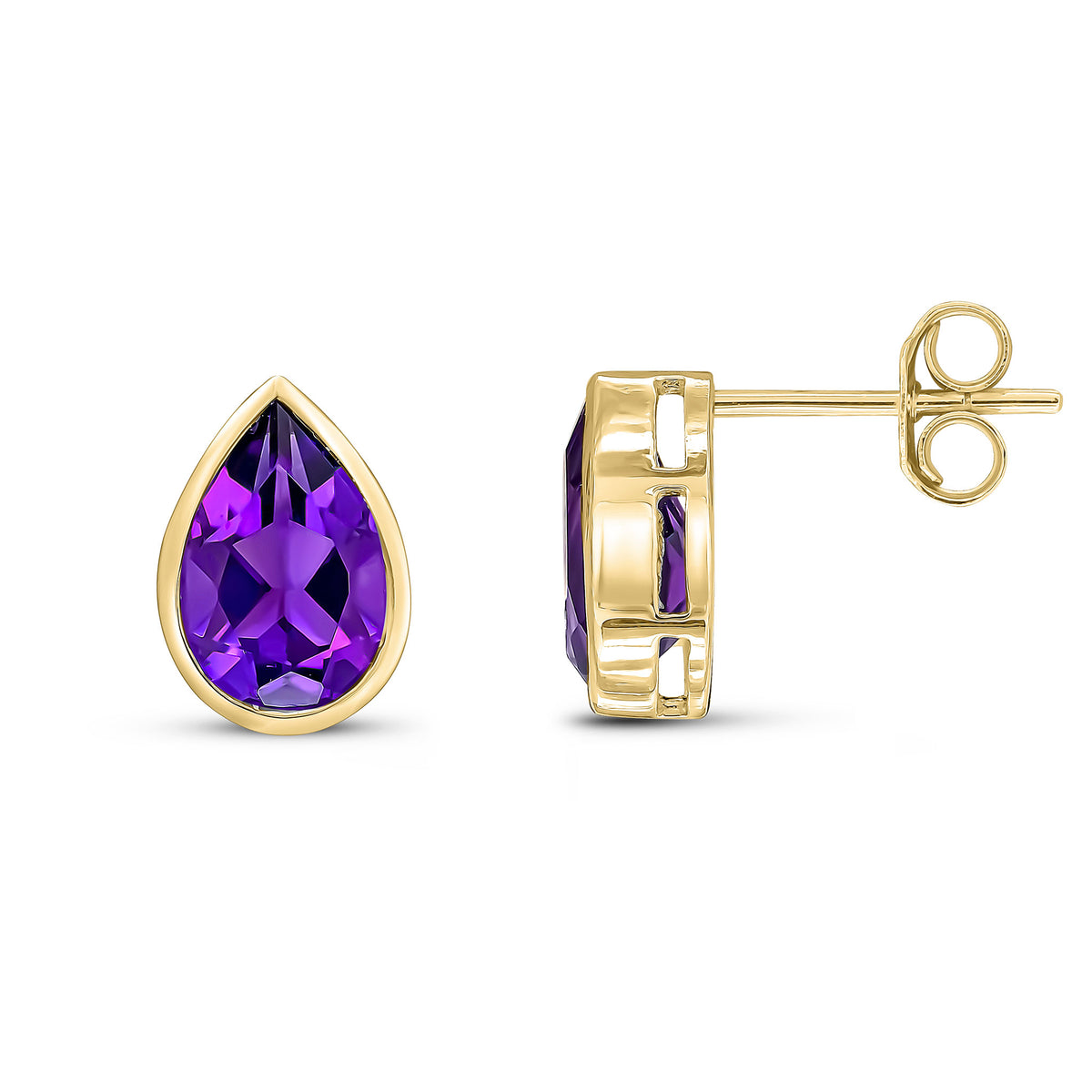 9ct Yellow Gold 9x6 Pear Shape Amethyst Rubover Earrings
