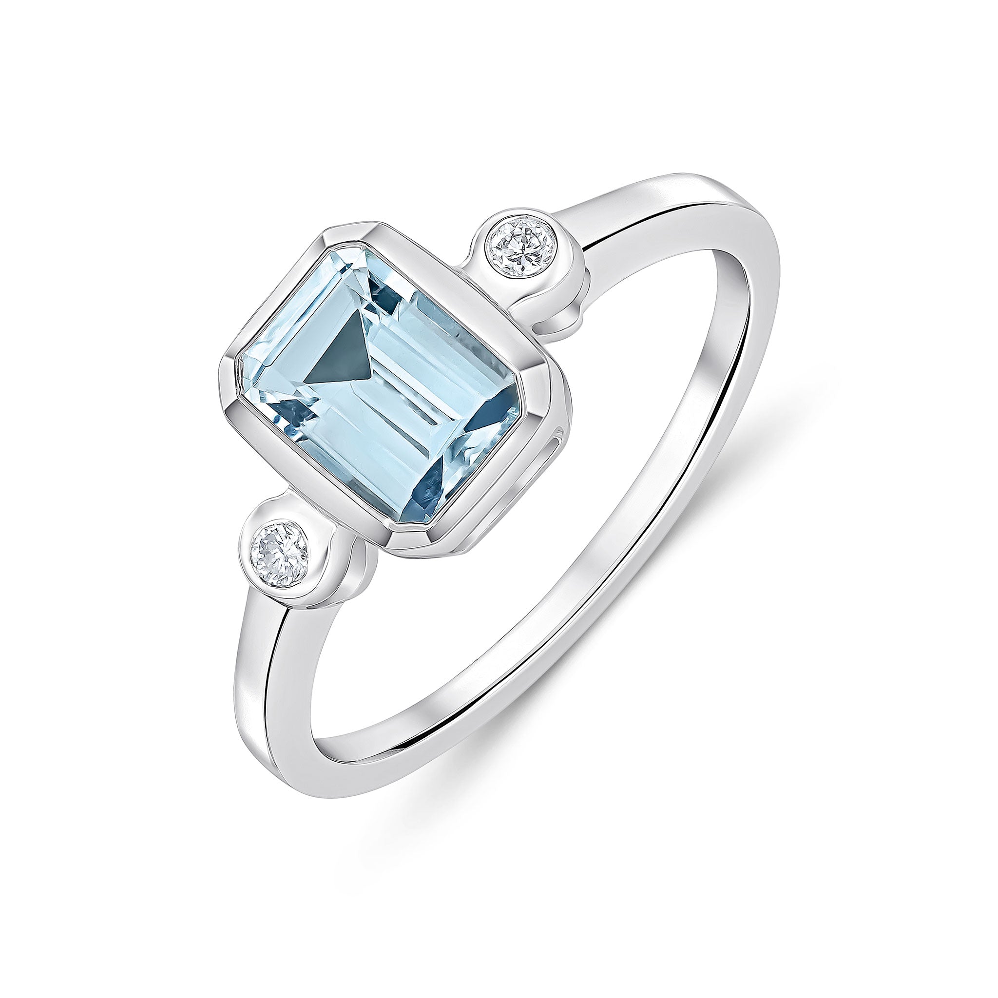 9ct White Gold 7x5 Octagon Aquamarine and Round Diamond 3 Stone Rubover Ring
