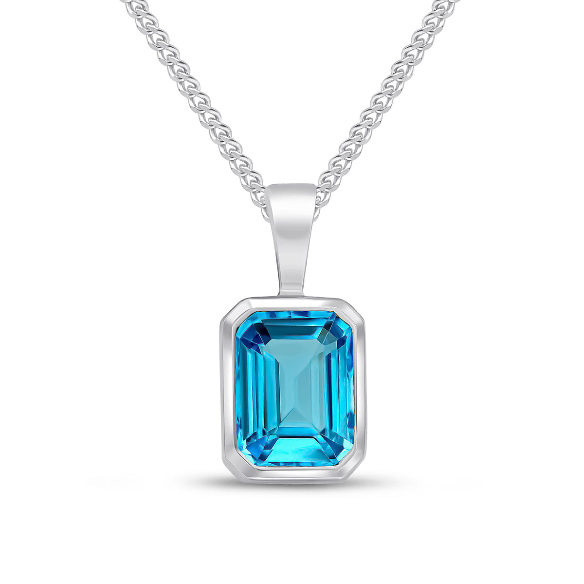 9ct White Gold 8x6 Octagon Swiss Blue Topaz Rubover Pendant