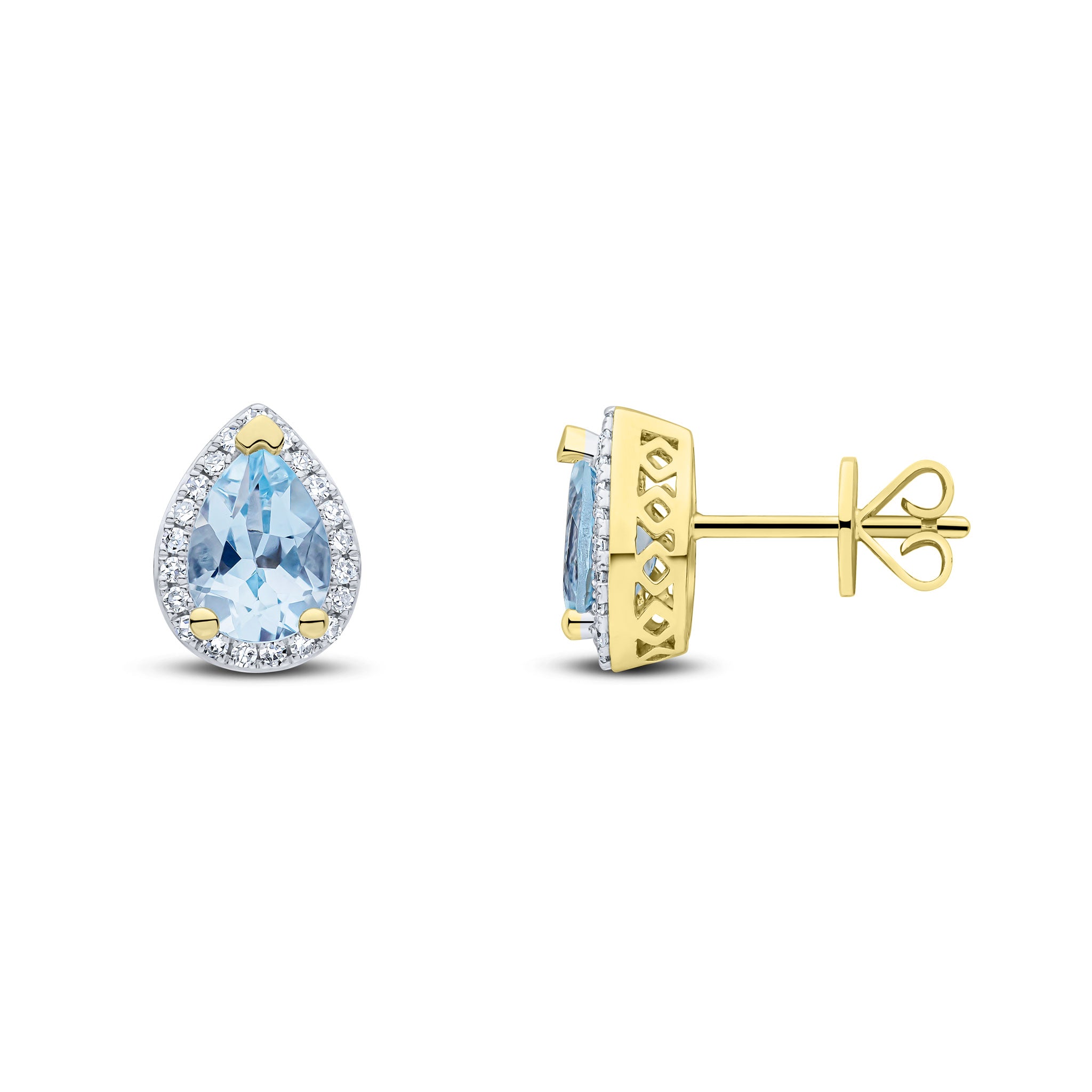9ct Yellow Gold 7x5 Pear Aquamarine & Diamond Cluster Earrings Rhodium to Diamonds