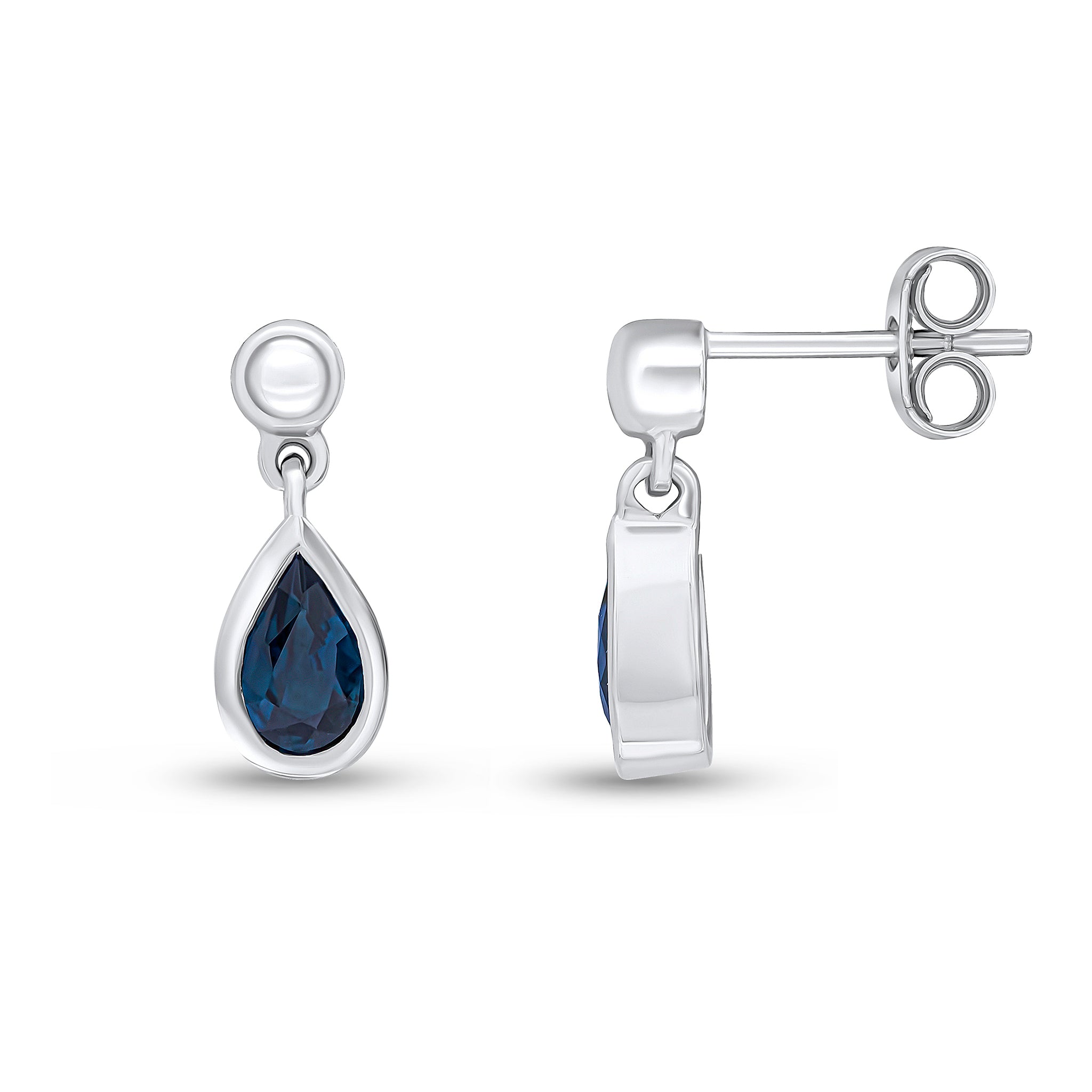9ct White Gold 6x4 Pear Shape Sapphire Rubover Drop Earrings with 3mm Bead Top