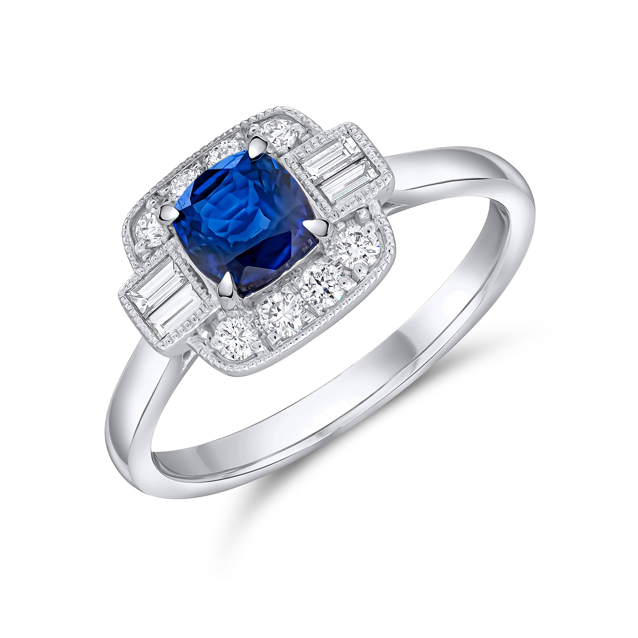 18ct White Gold Cushion Sapphire Round & Baguette Diamond Millegraine Cluster Ring