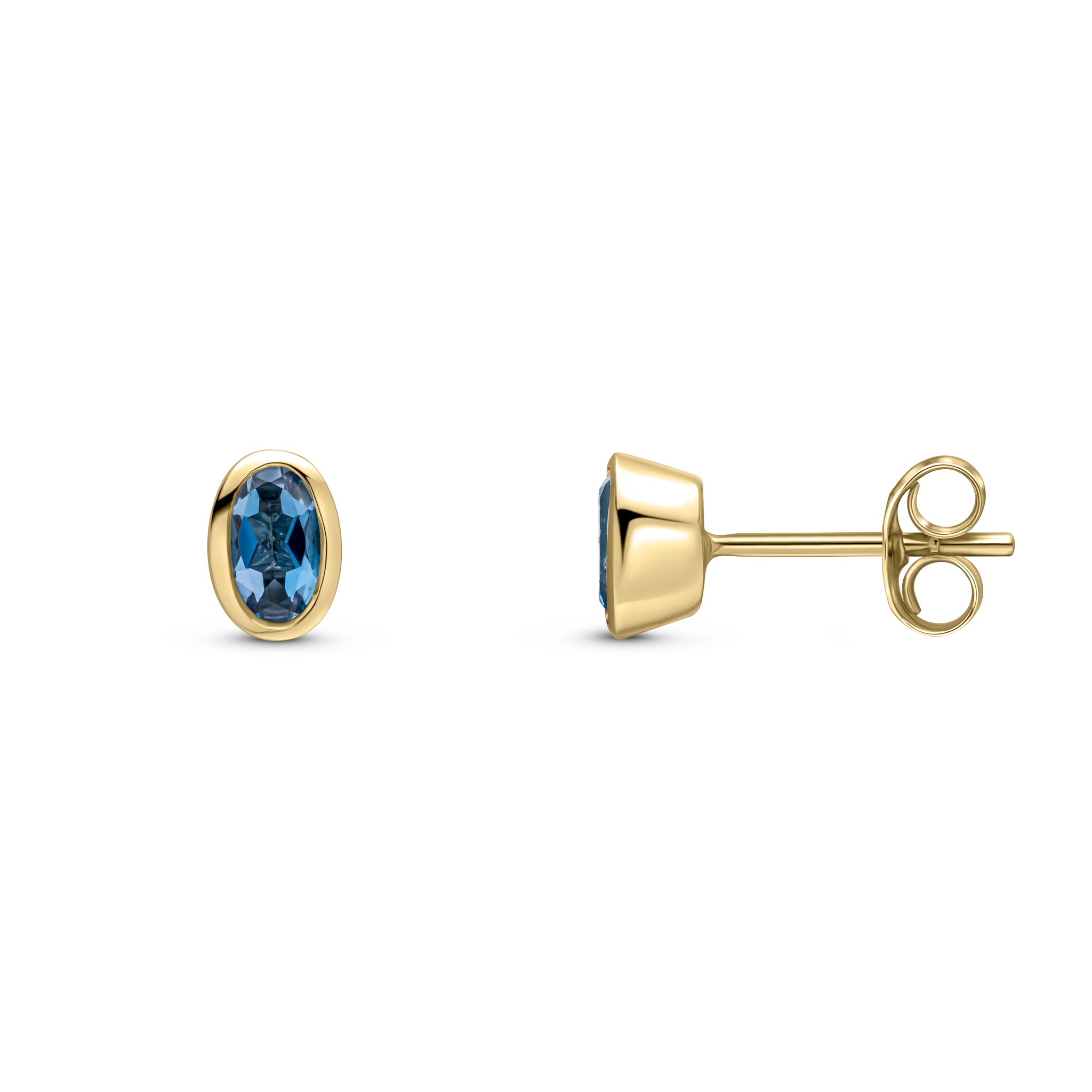 9ct yellow gold 5 x 3mm oval London Blue Topaz rubover Stud Earrings