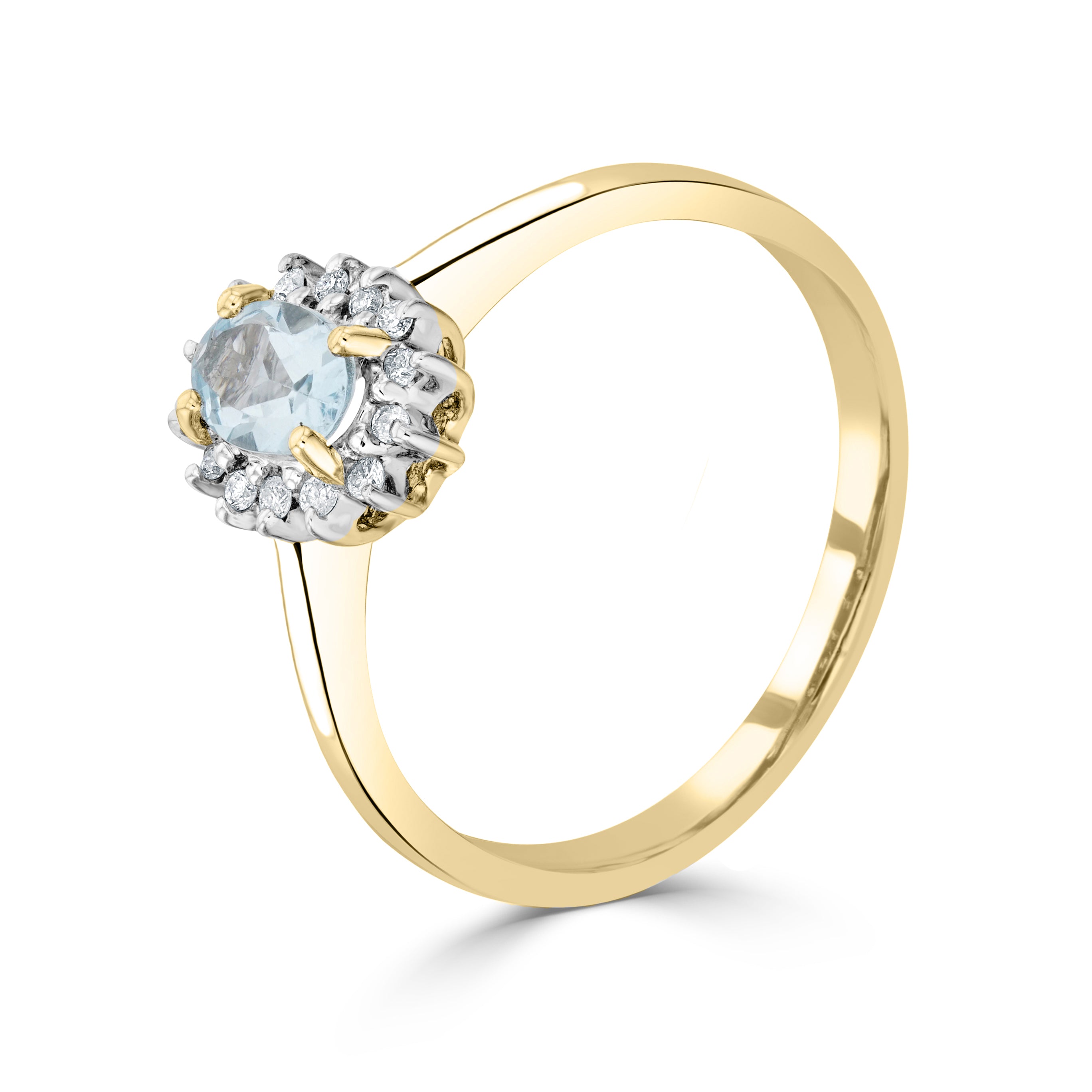 9CT YG 6X4 OVAL AQUAMARINE & DIAMOND CLAW SET CLUSTER RING. RHODIUM TO DIAMONDS 1