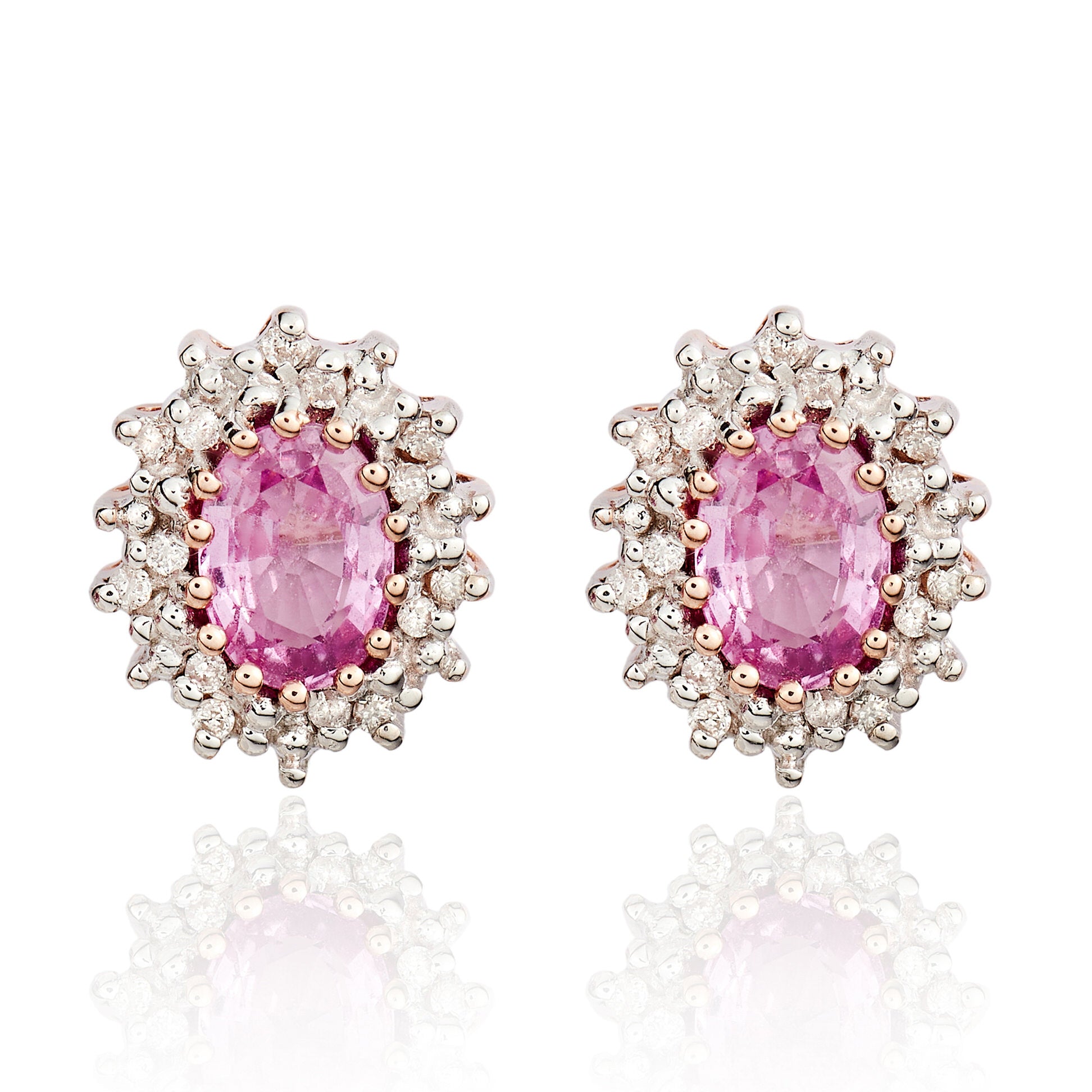 9ct Rose Gold 6x4 Oval Pink Sapphire & Diamond Claw Set Cluster Earrings Rhodium to Diamonds