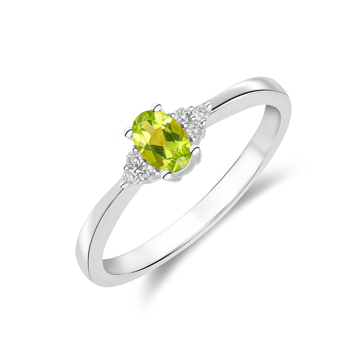 9ct White Gold 6x4 Oval Peridot & Round Diamond Trefoil Shoulders Claw Set Ring