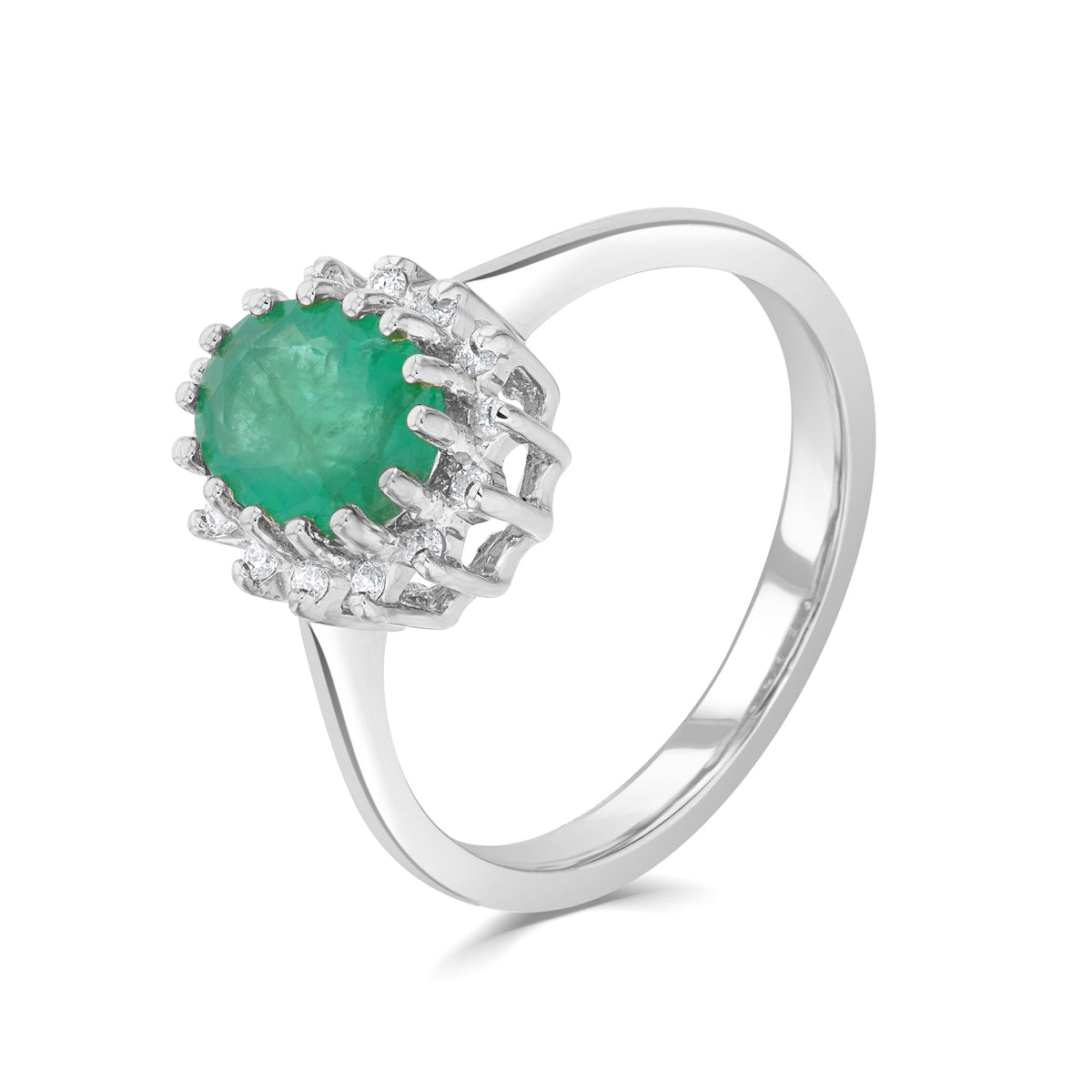 9ct White Gold 8x6 Oval Emerald & Diamond Claw Set Cluster Ring