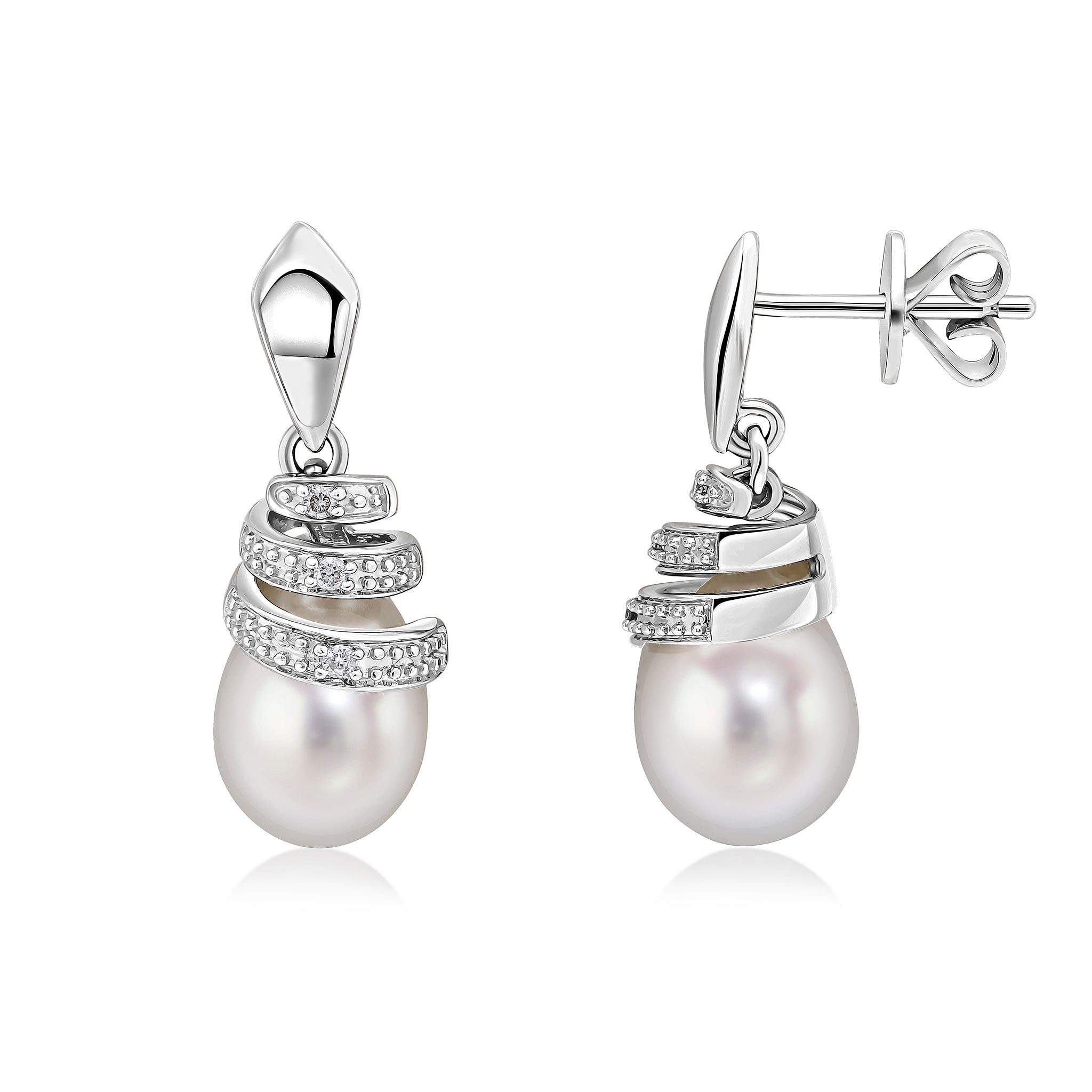 9ct White Gold Grain Set Diamond Spiral Top & Cfw Pearl Drop Earrings