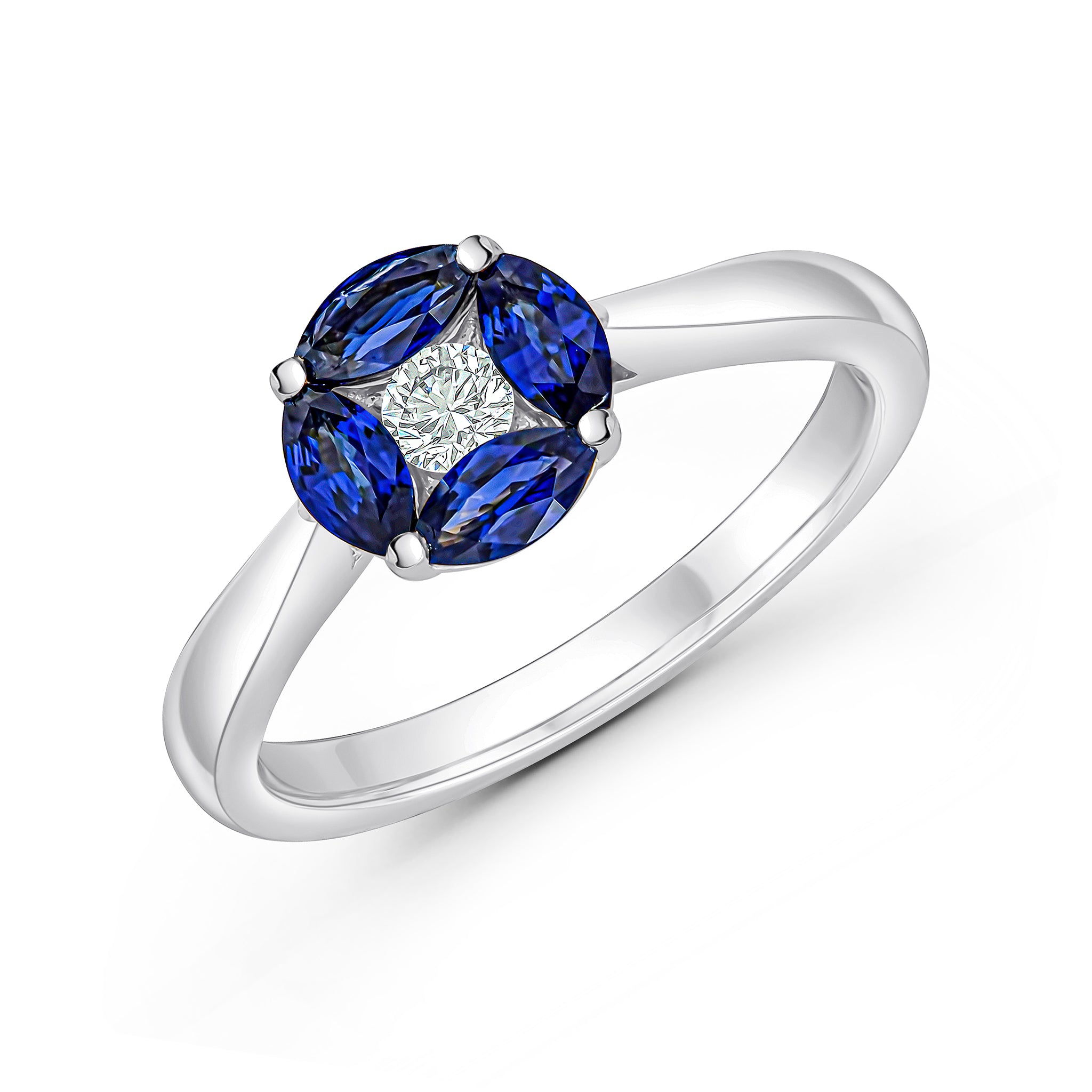 18ct White Gold Marquise Sapphire and Round Diamond Cluster Ring Tapered Shank