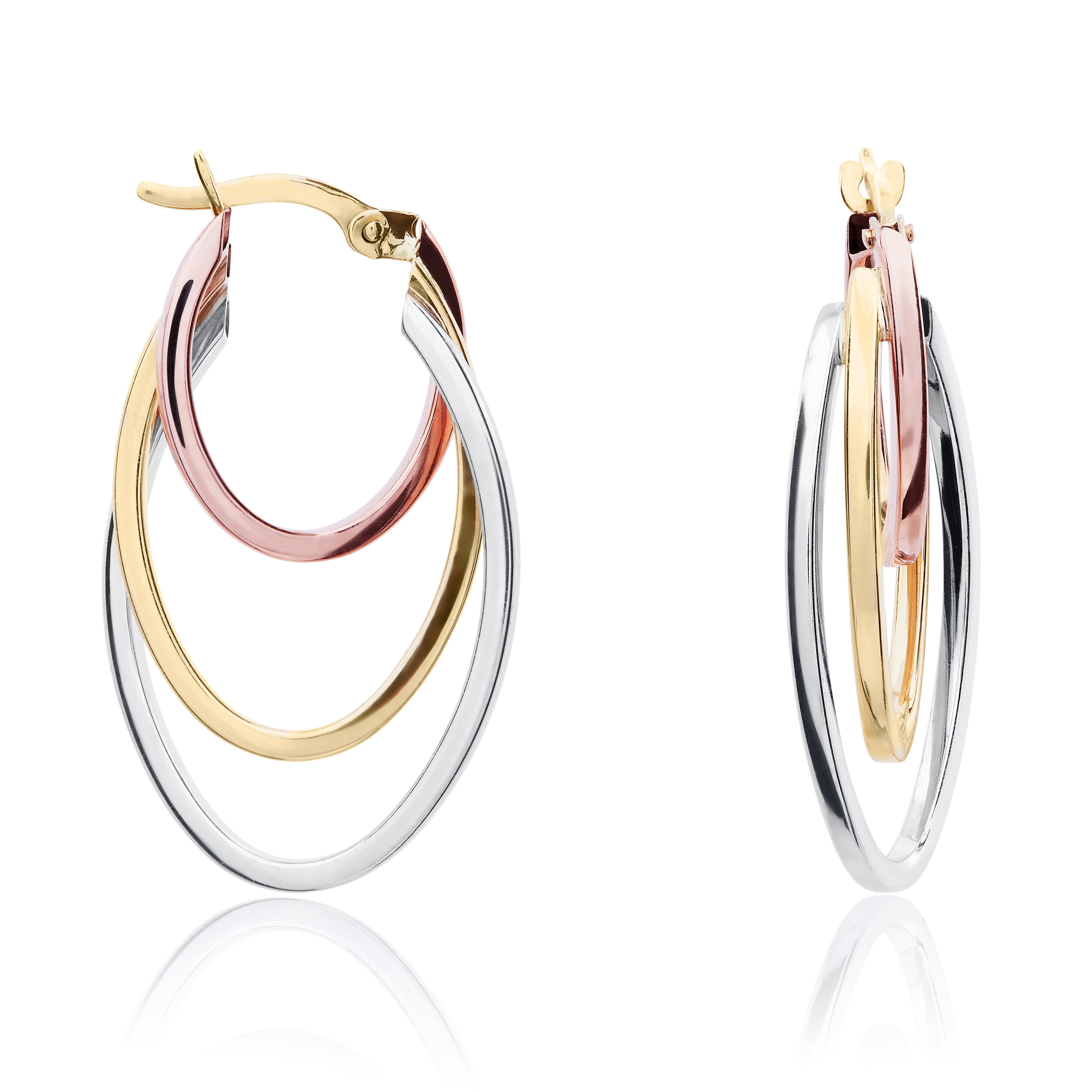 Three Tone 9ct Gold Open Triple Oval Hoop Earrings
