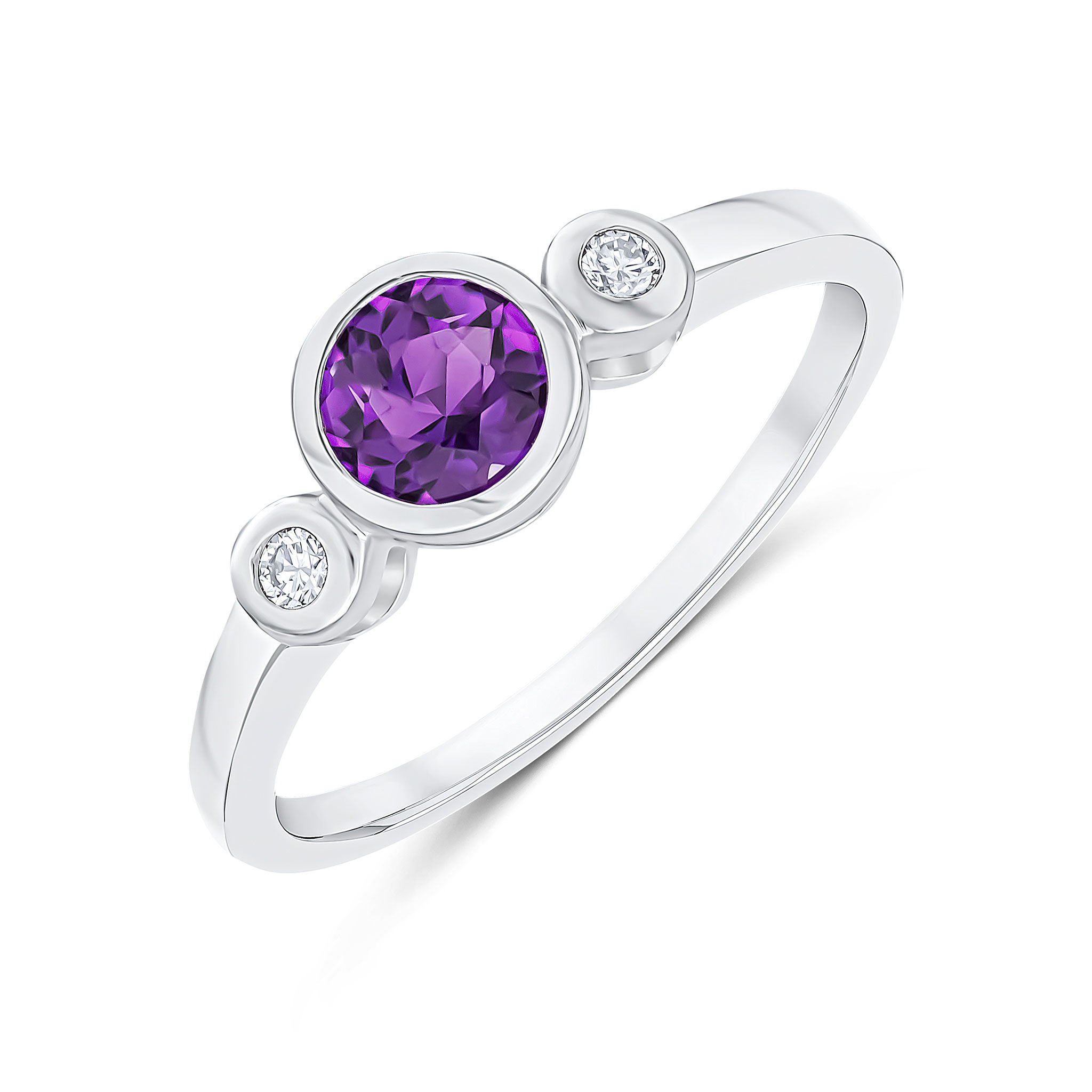 9CT WG 5MM ROUND AMETHYST AND DIAMOND RUBOVER 3ST RING 1