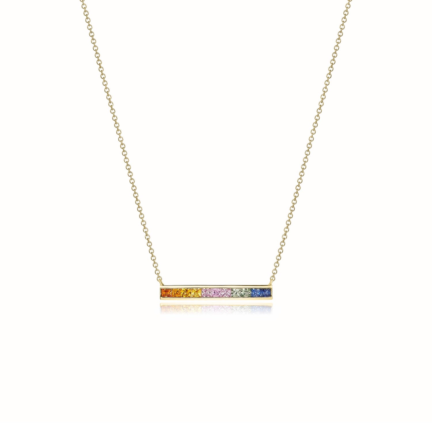 9ct Yellow Gold Square Multi-Sapphire Channel Set Bar On Chain Necklace