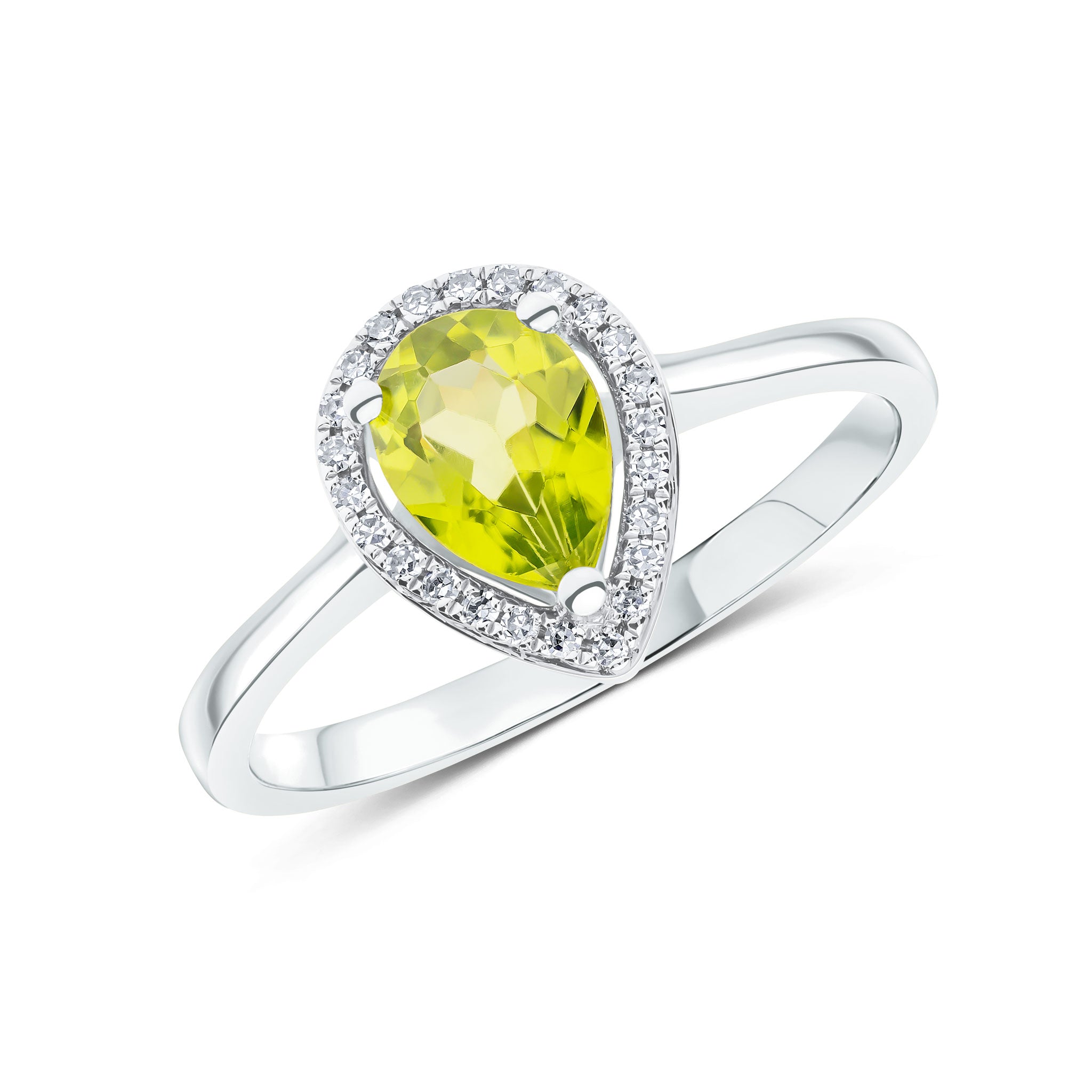9ct White Gold 7x5 Pear Shape Peridot & Round Diamond Claw Set Halo Cluster Ring