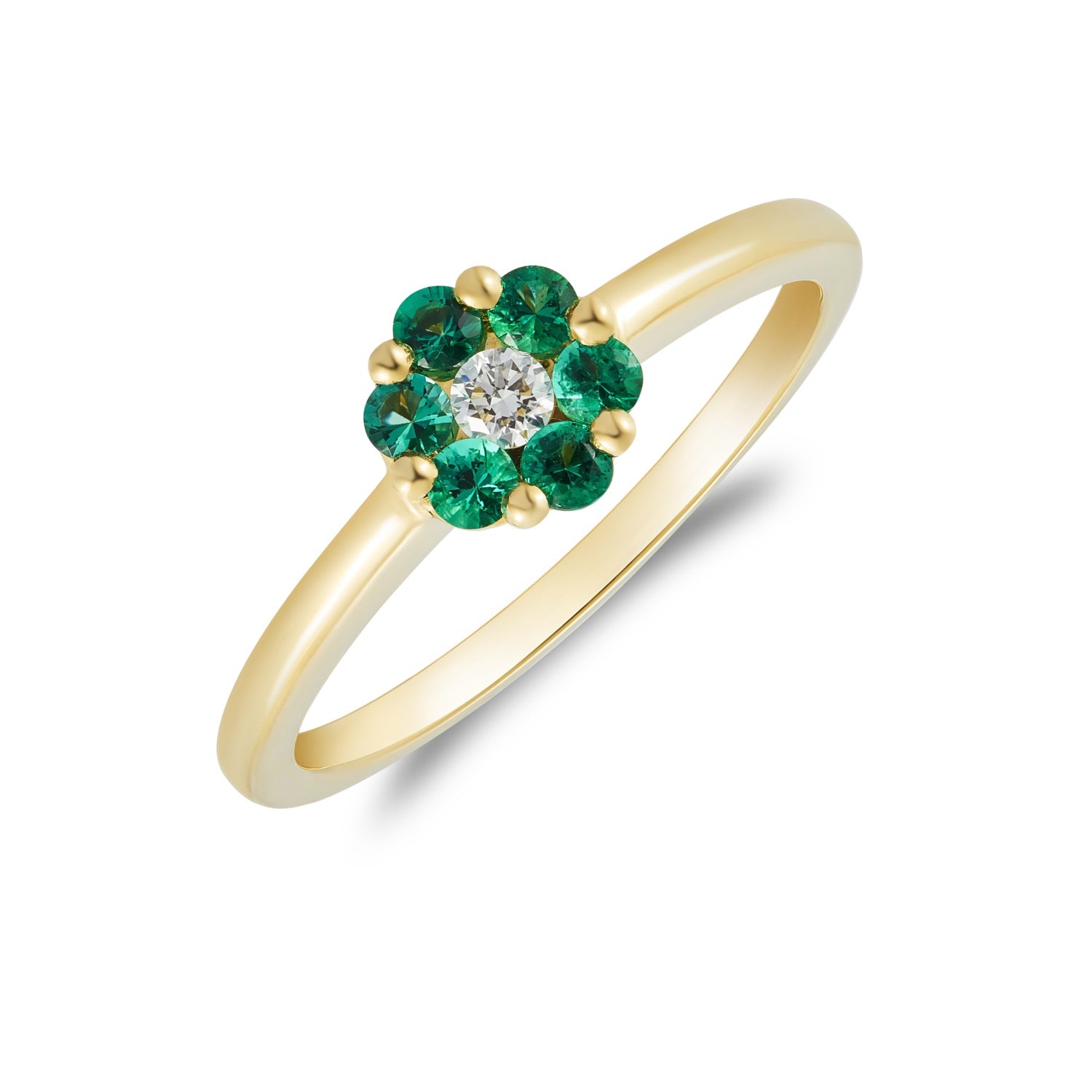 18ct Yellow Gold Round Emerald and Diamond Reverse Cluster Ring