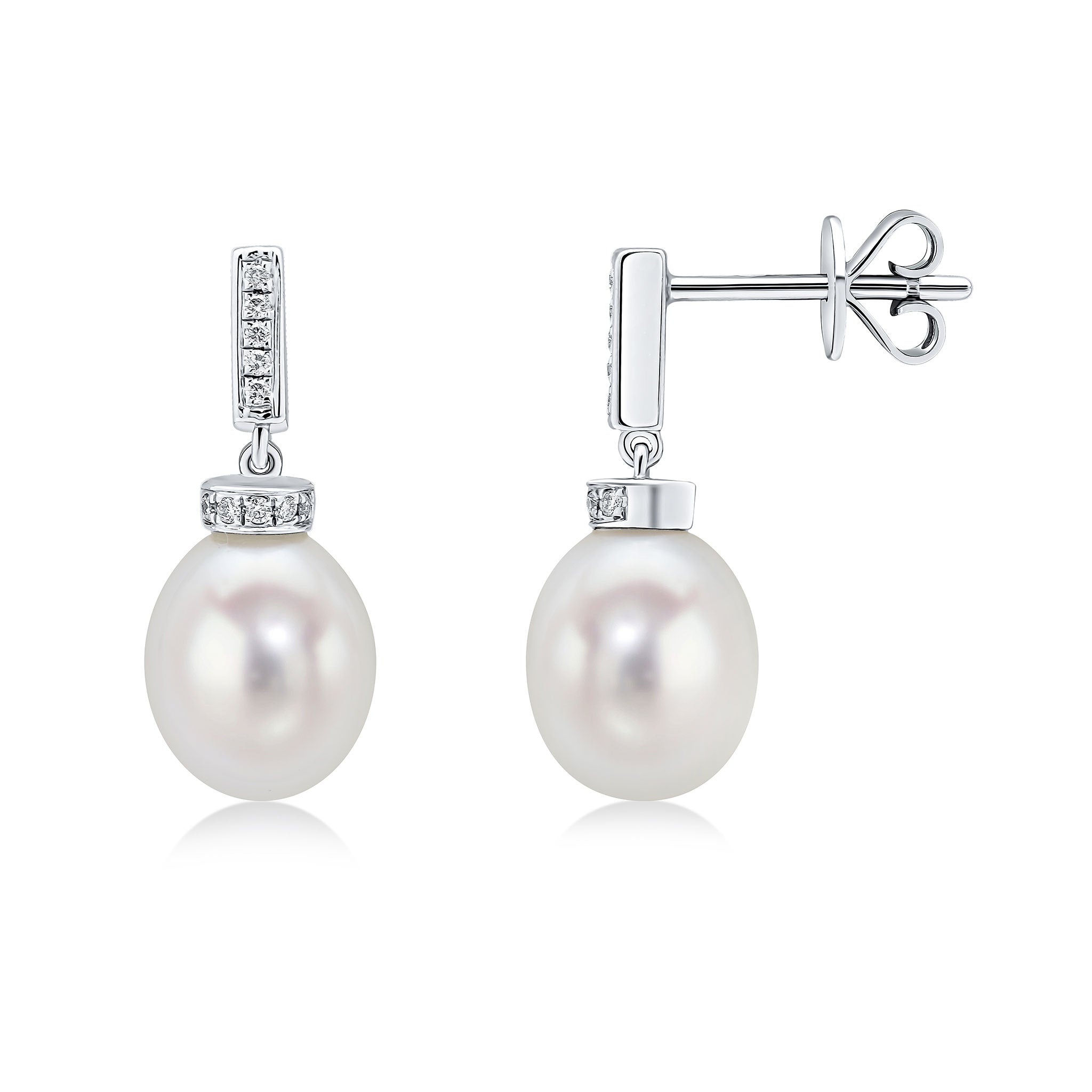 18ct White Gold Freshwater Cultured Pearl and Diamond Line Top Drop Earrings