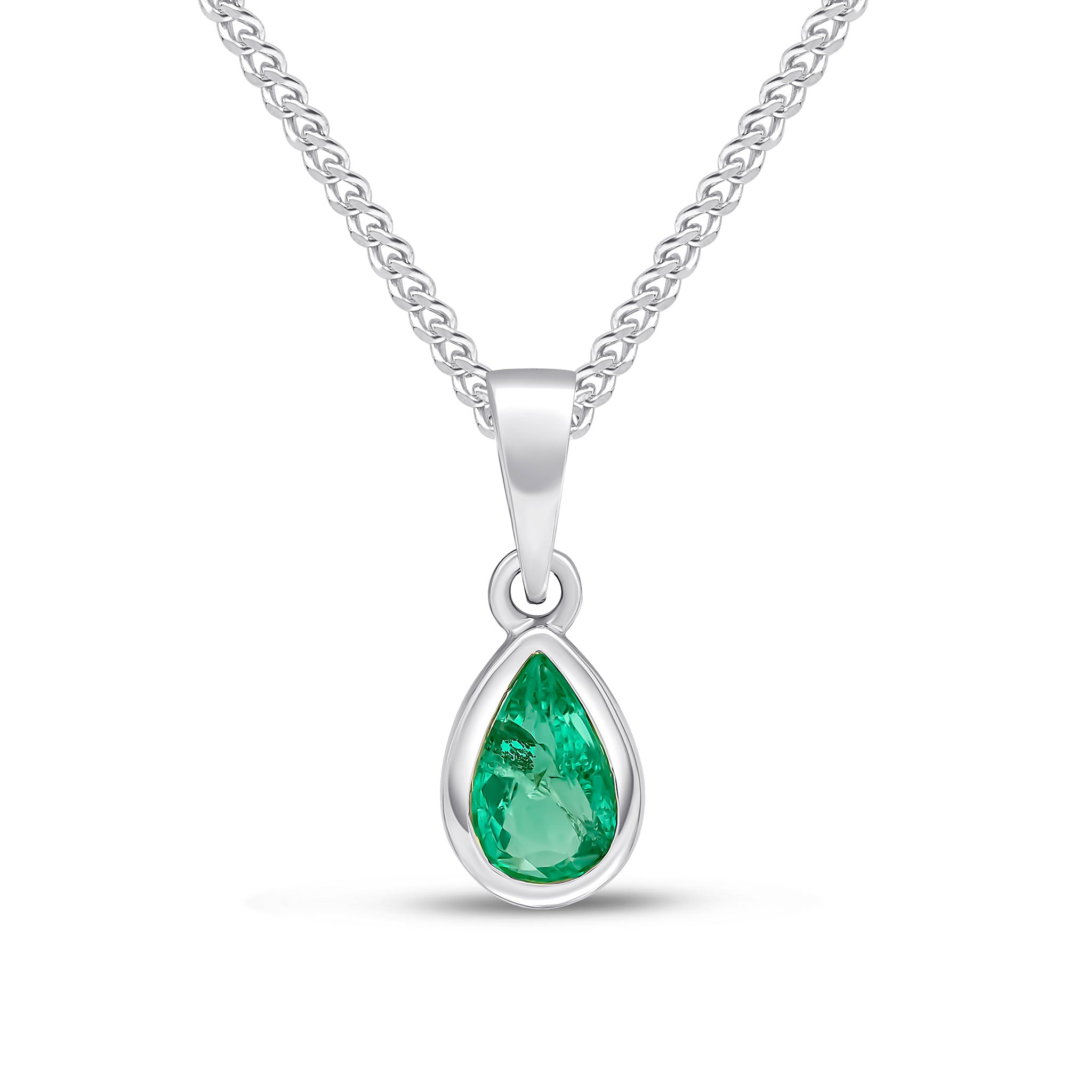 9ct white gold 6 x 4 mm pear shape Emerald rubover Single Stone pendant