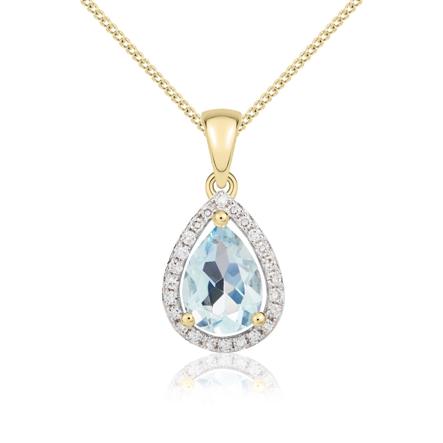 9ct Yellow Gold 7x5 Pear Shape Aquamarine & Diamond Halo Claw Cluster Pendant Rhodium to Diamonds