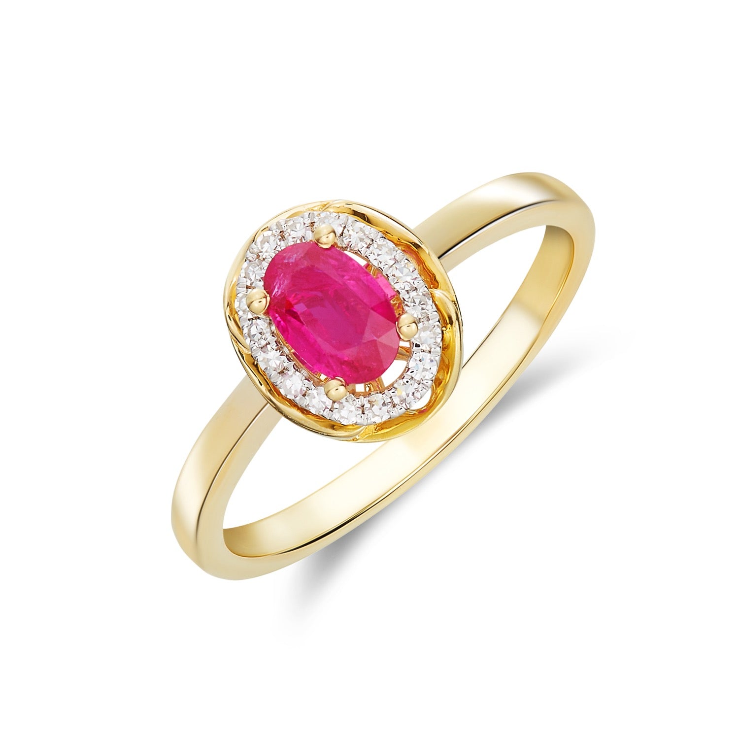9ct Yellow Gold 6x4 Oval Ruby & Diamond Cluster Ring with Rope Edge Rhodium to Diamonds