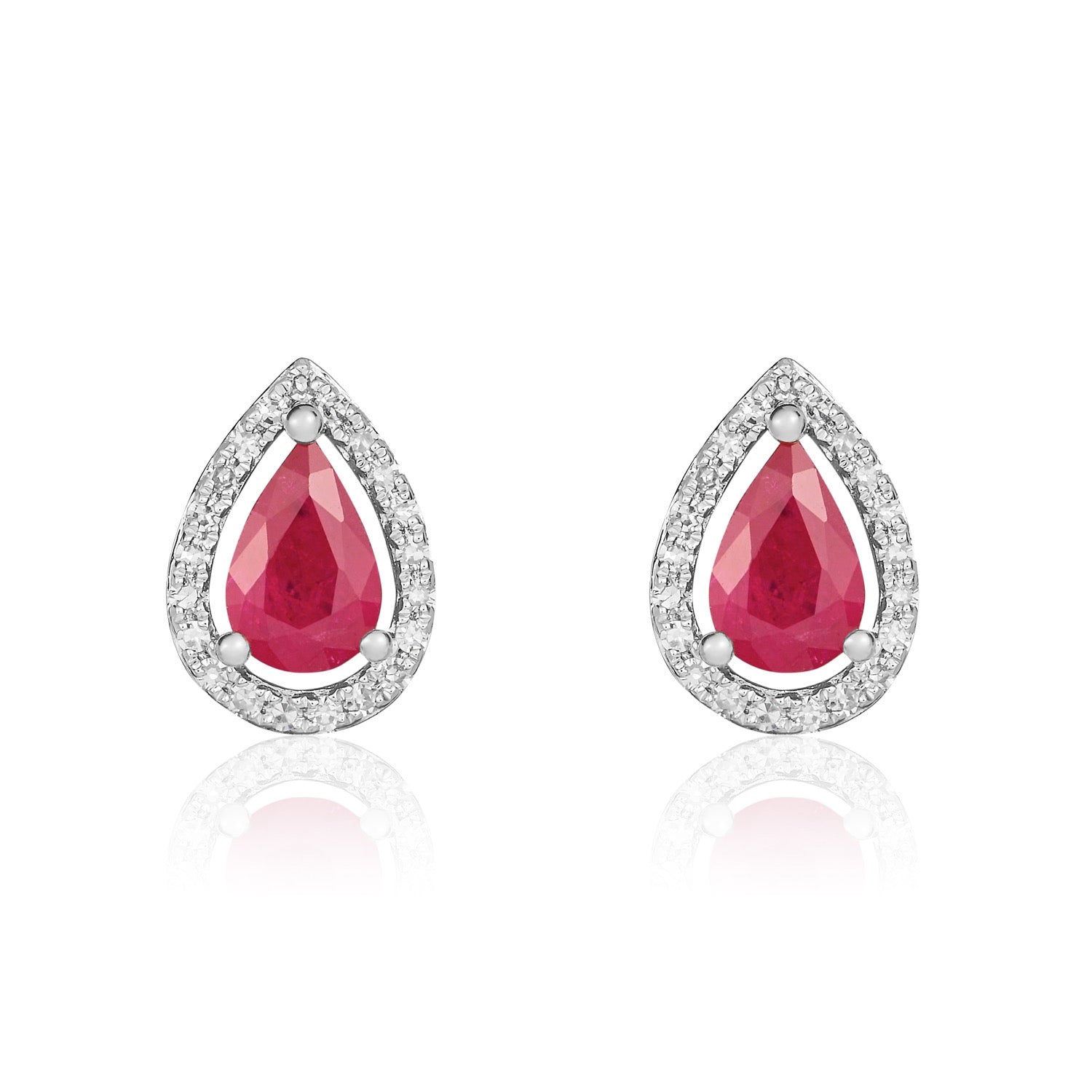 9ct White Gold 6x4 Pear Shape Ruby & Diamond Halo Cluster Earrings