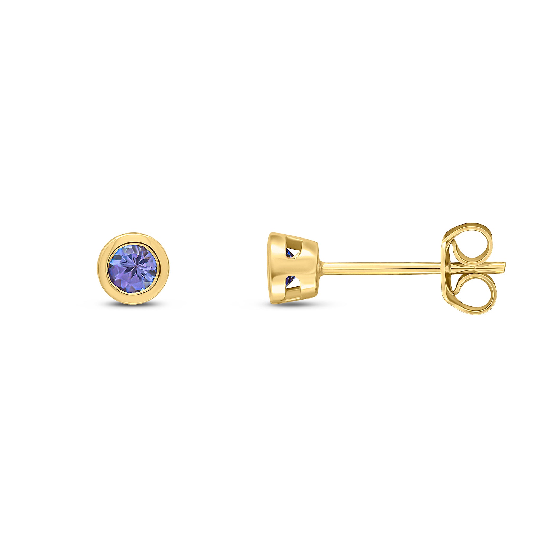 9ct Yellow Gold 3mm Round Tanzanite Rubover Earrings