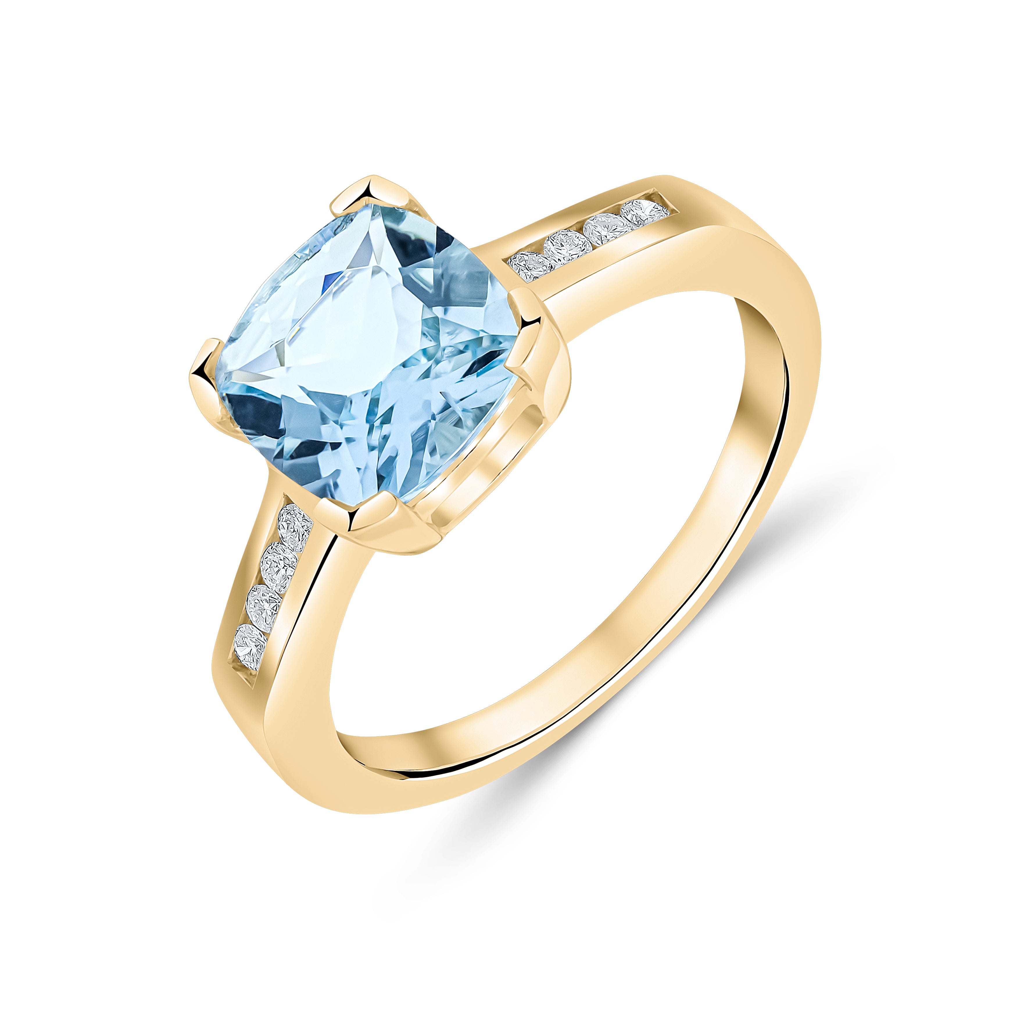 9ct Yellow Gold Claw Set Cushion Aquamarine Single Stone Ring with Channel Set Diamond Shoulders