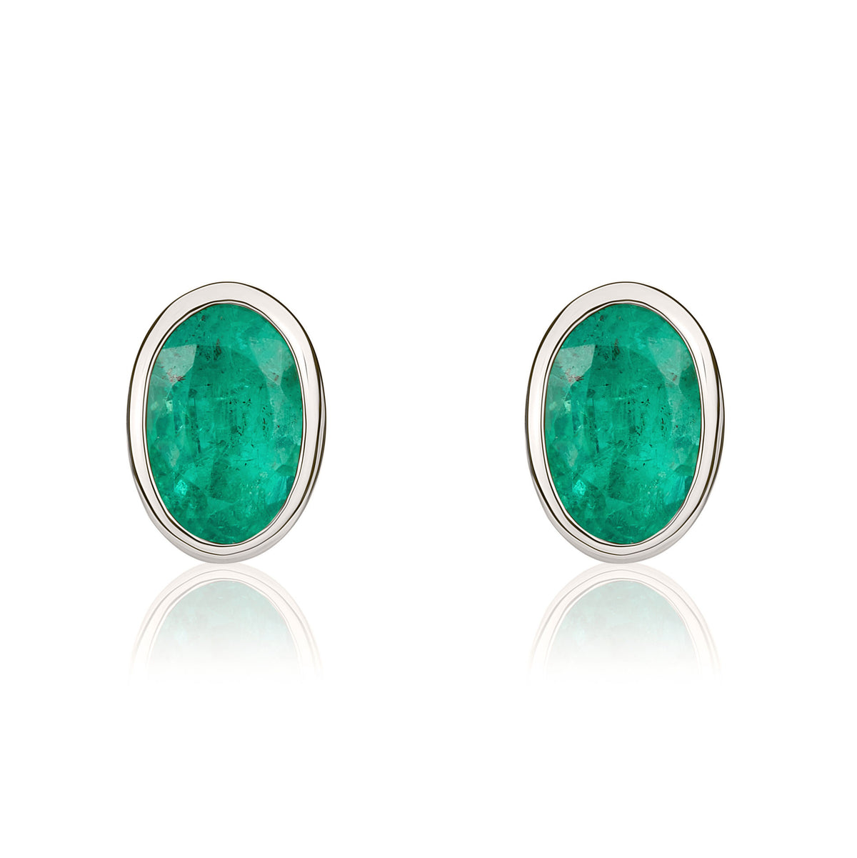 9ct White Gold Oval Emerald Rubover Stud Earrings