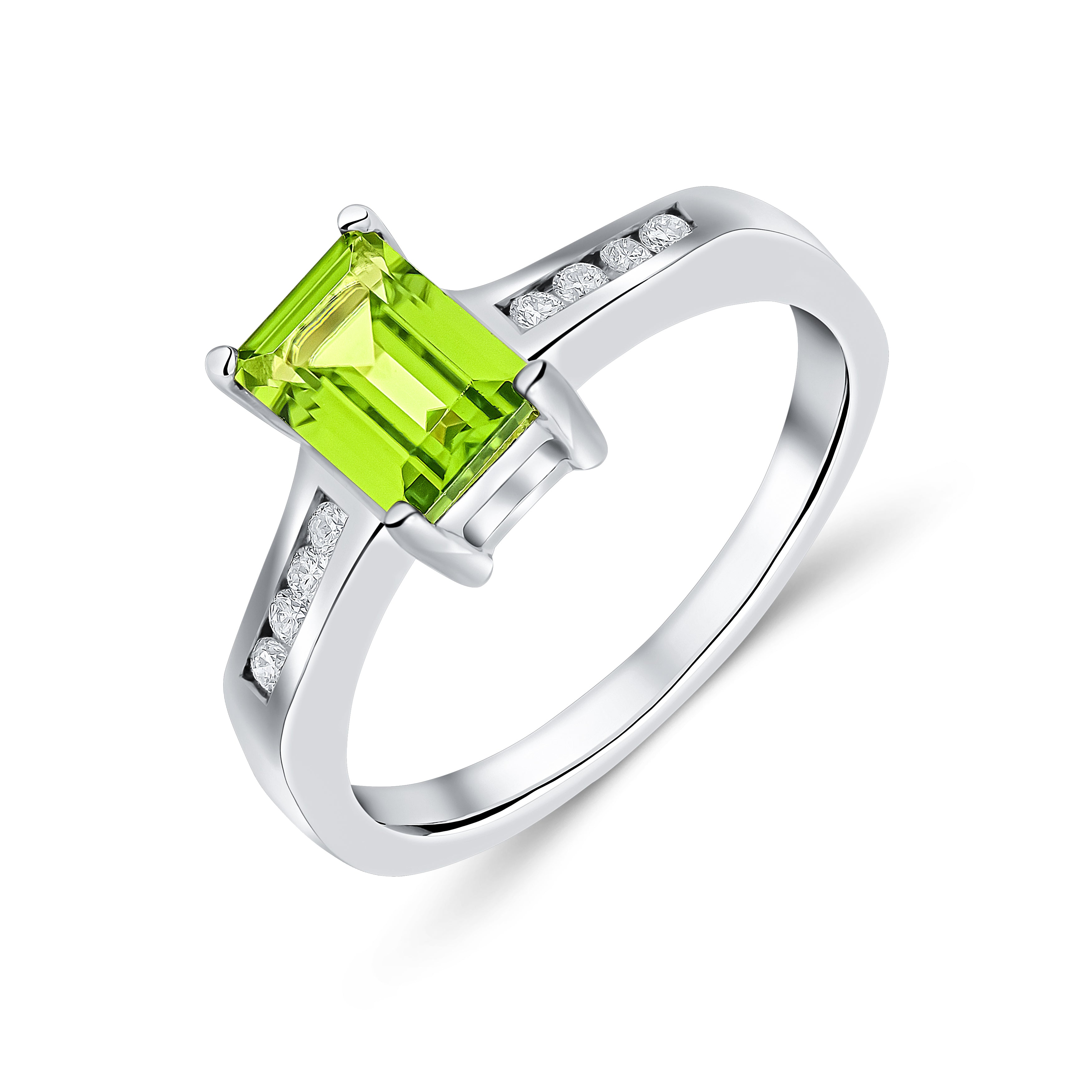 9ct White Gold 7x5 Octagon Peridot Claw Set Single Stone Ring with Channel Set Diamond Shoulders