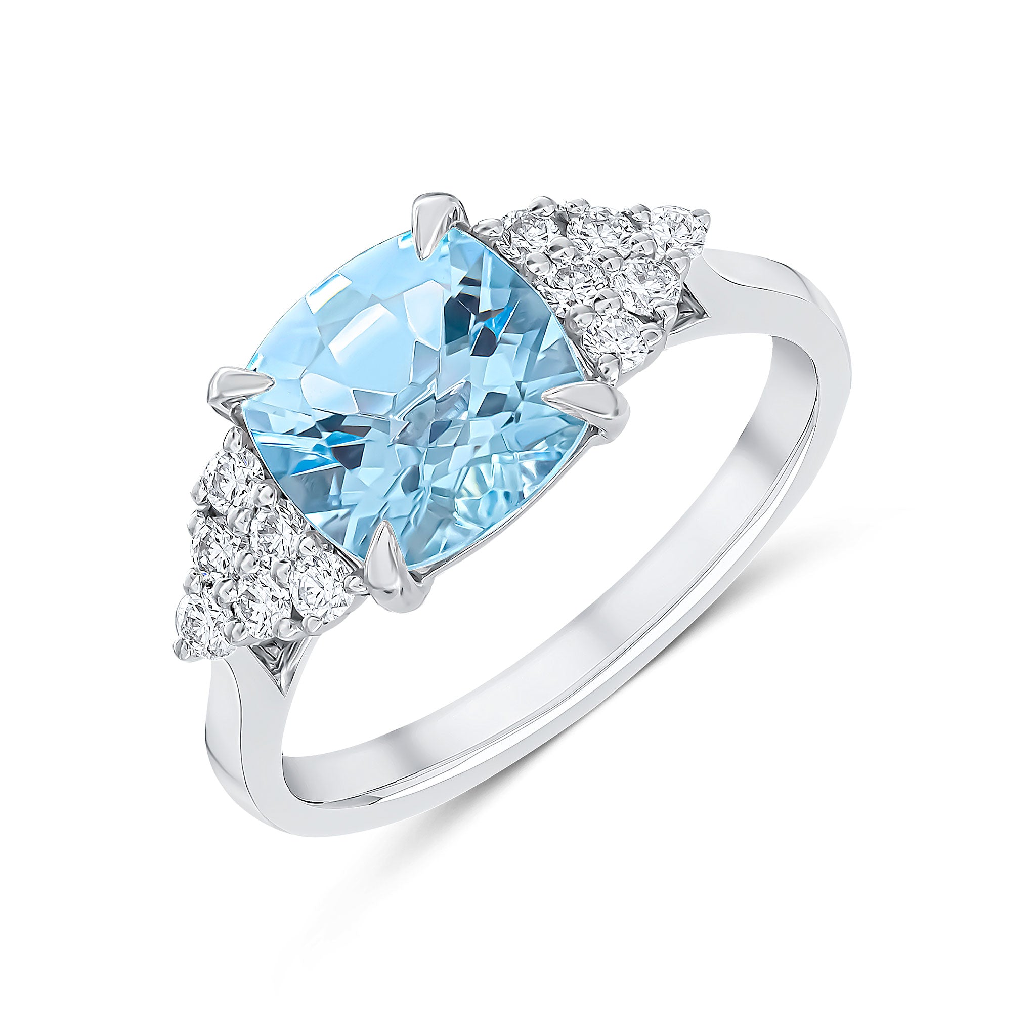 18ct White Gold 8mm Cushion Aquamarine and Round Diamond 'trefoils' Shoulder Claw Set Ring