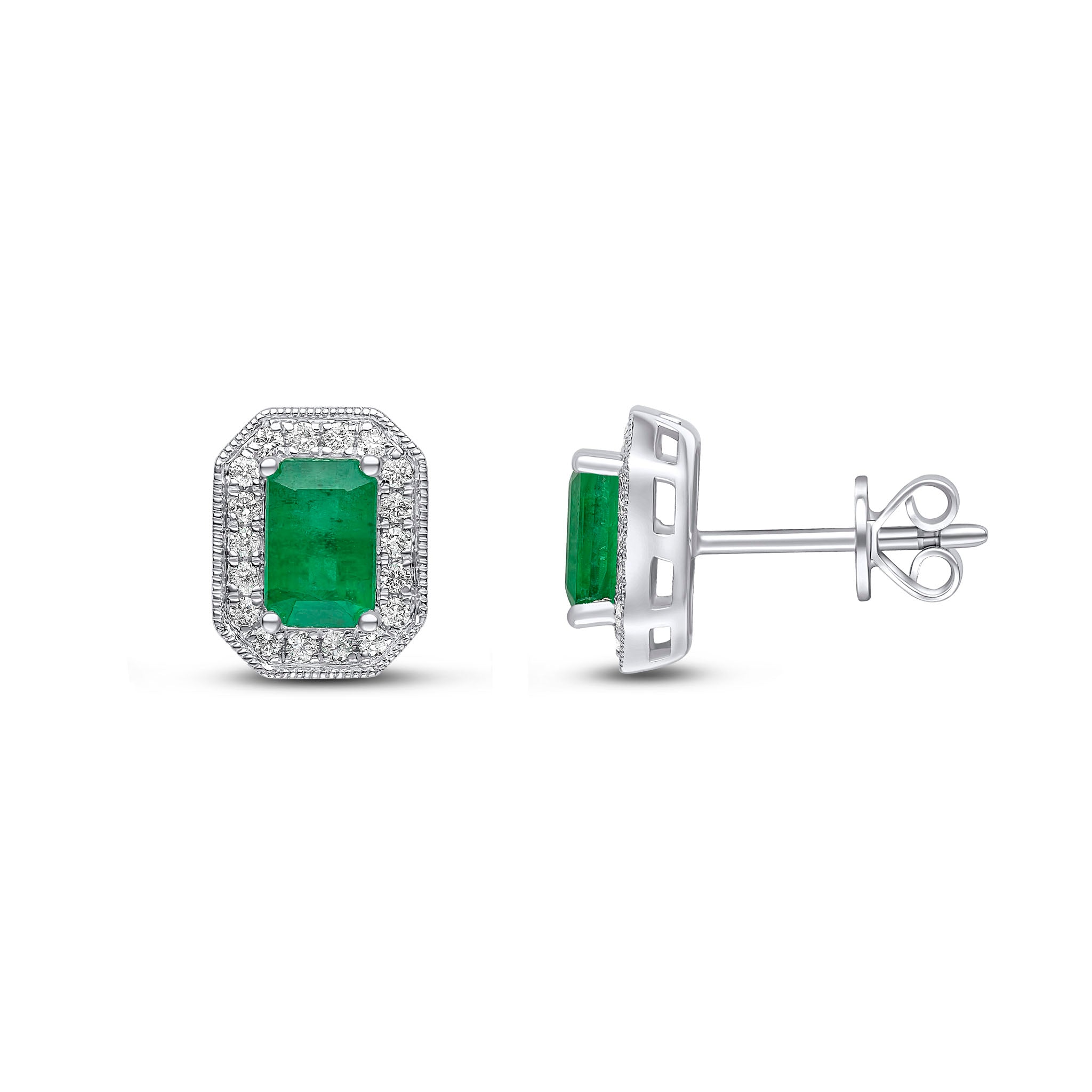 18ct White Gold 6x4 Octagon Emerald and Round Diamond Cluster Earrings with Milgrain Edge