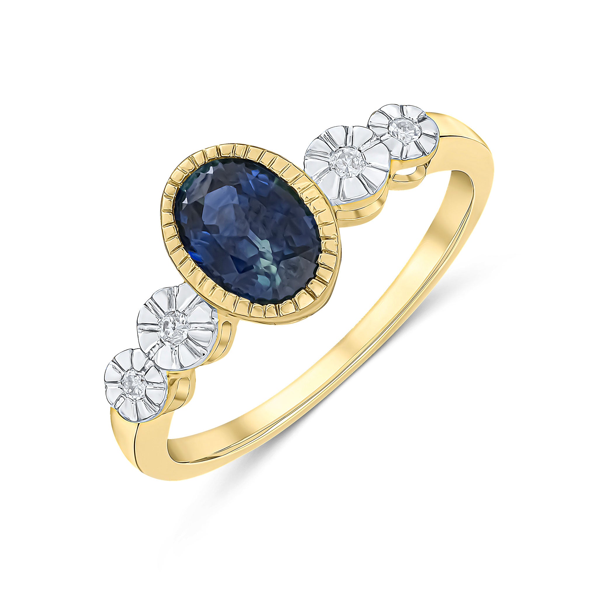9CT YELLOW GOLD MILLEGRAIN OVAL SAPPHIRE AND ILLUSION DIAMOND 4ST SHOULDERS RING 1