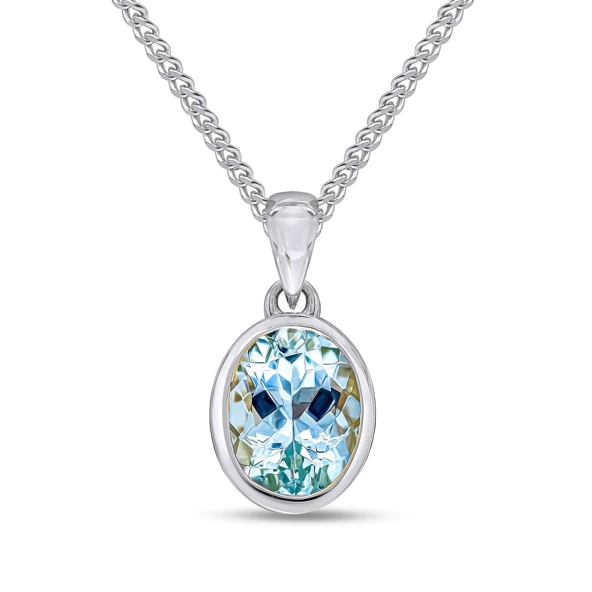 9ct White Gold 9x7mm Oval Aquamarine Single Stone Rubover Pendant with Plain Loop